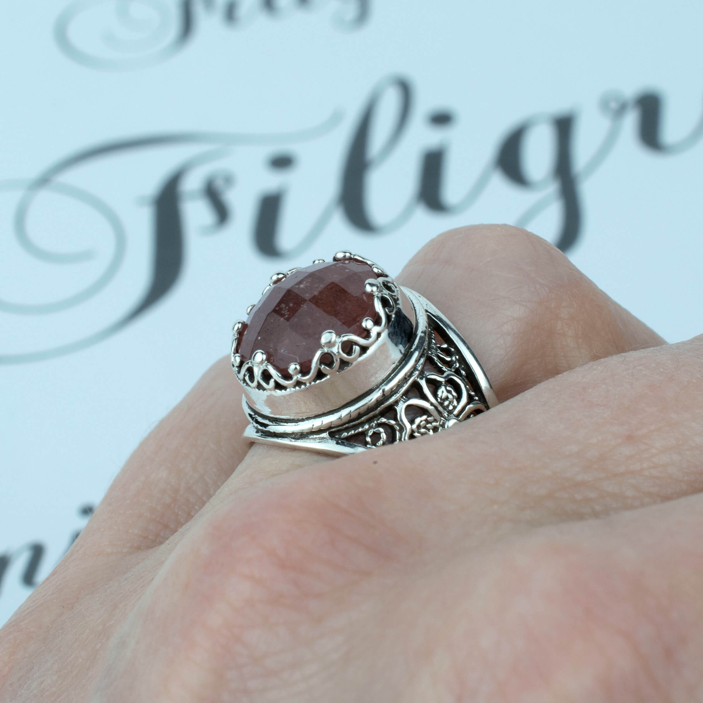 Filigree Art Cherry Quartz Gemstone Women Crown Silver Statement Ring