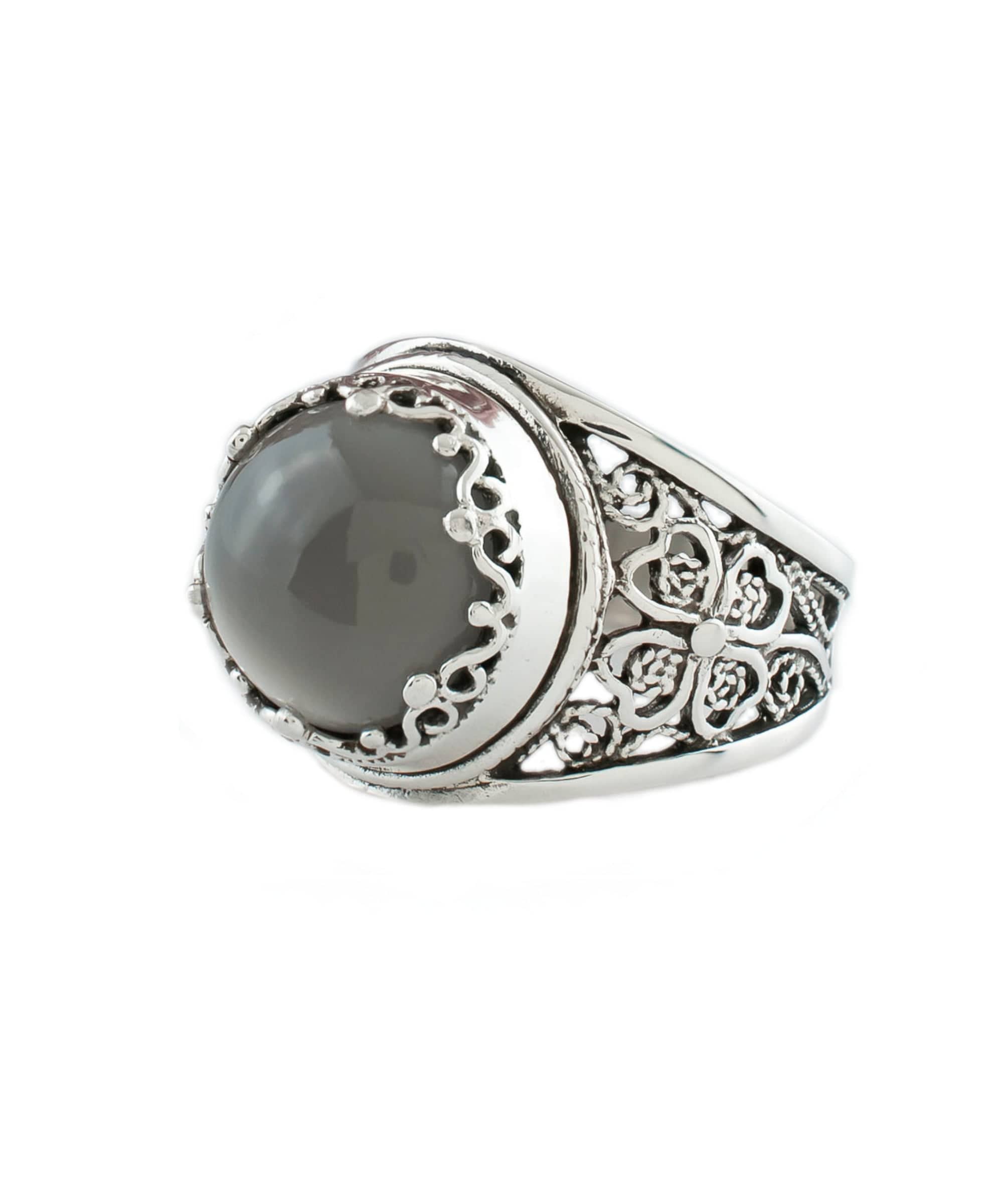 Filigree Art Gray Moonstone Gemstone Women Crown Silver Statement Ring