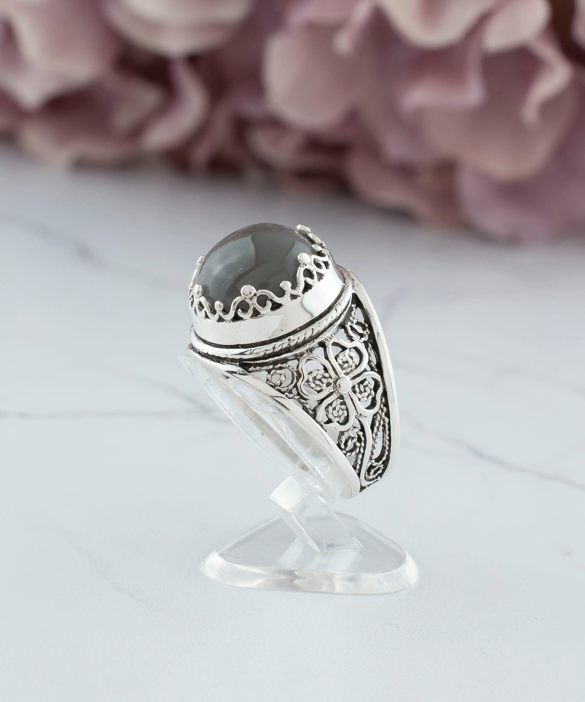 Filigree Art Gray Moonstone Gemstone Women Crown Silver Statement Ring