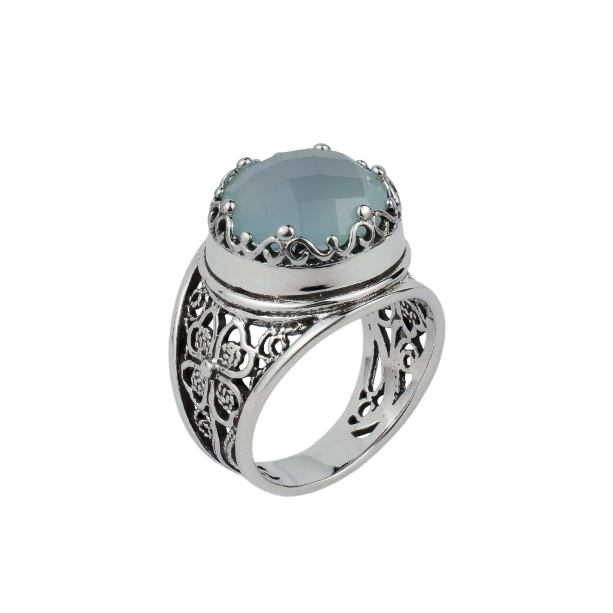 Filigree Art Aqua Chalcedony Gemstone Women Crown Silver Statement