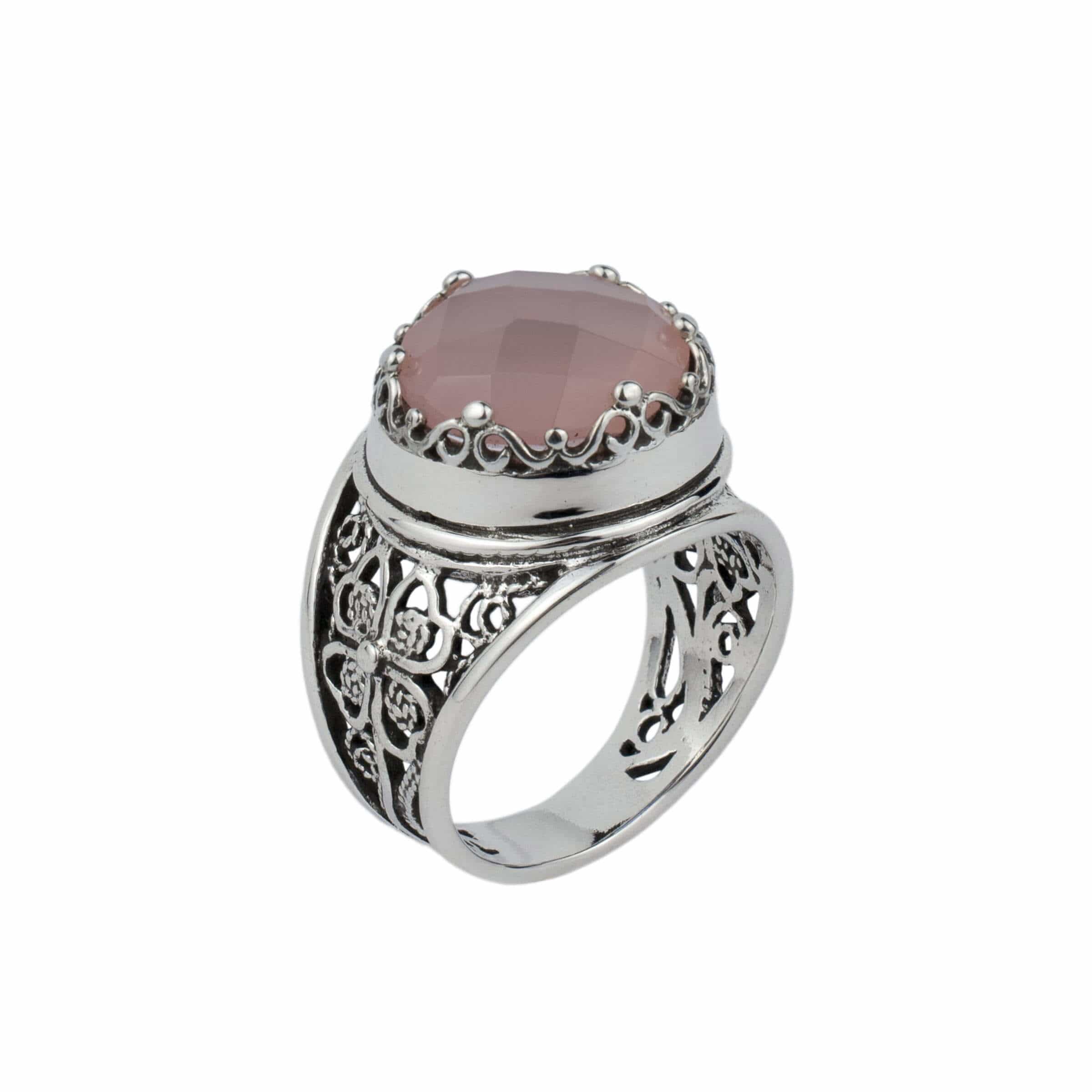 Filigree Art Pink Chalcedony Gemstone Women Crown Silver Statement