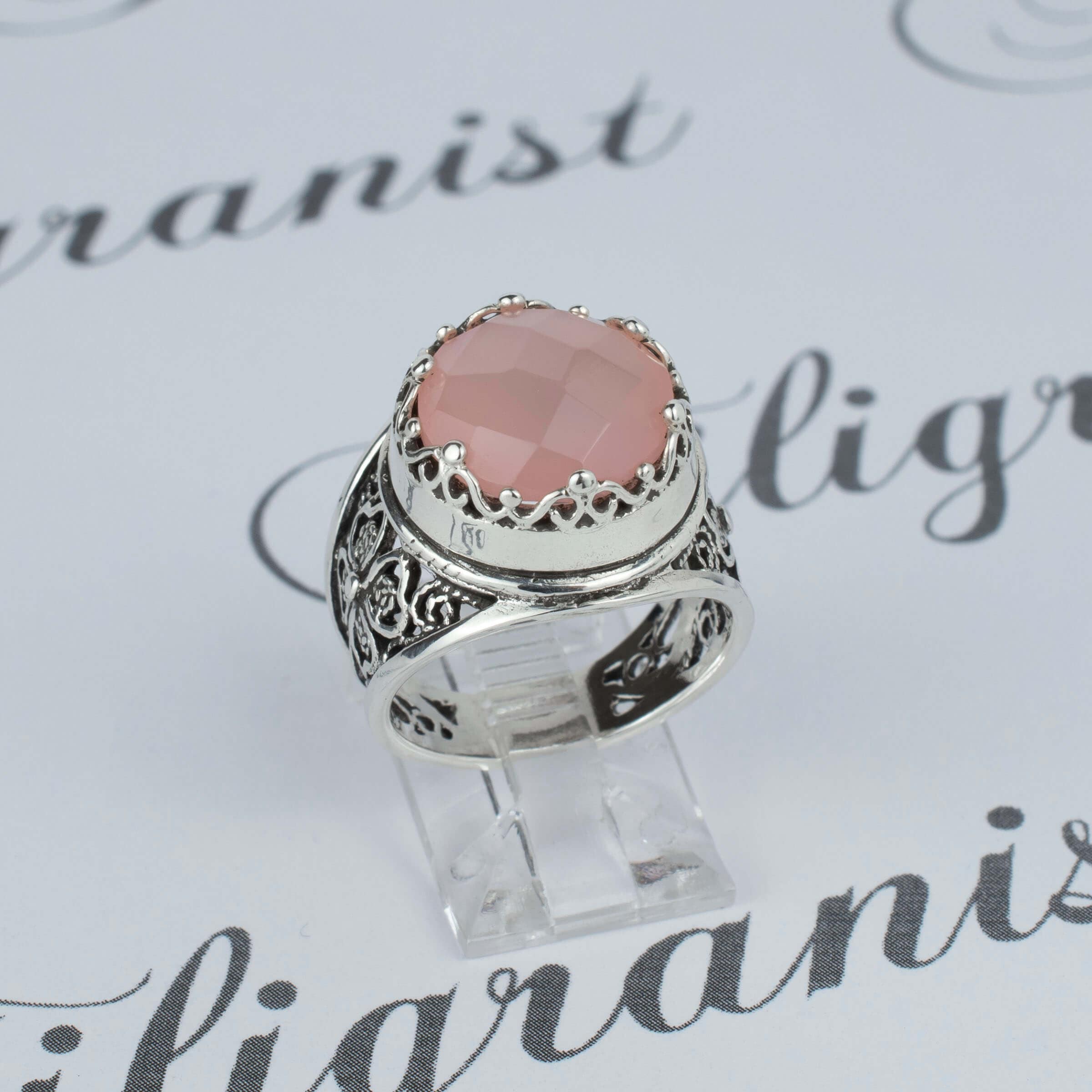 Filigree Art Pink Chalcedony Gemstone Women Crown Silver Statement