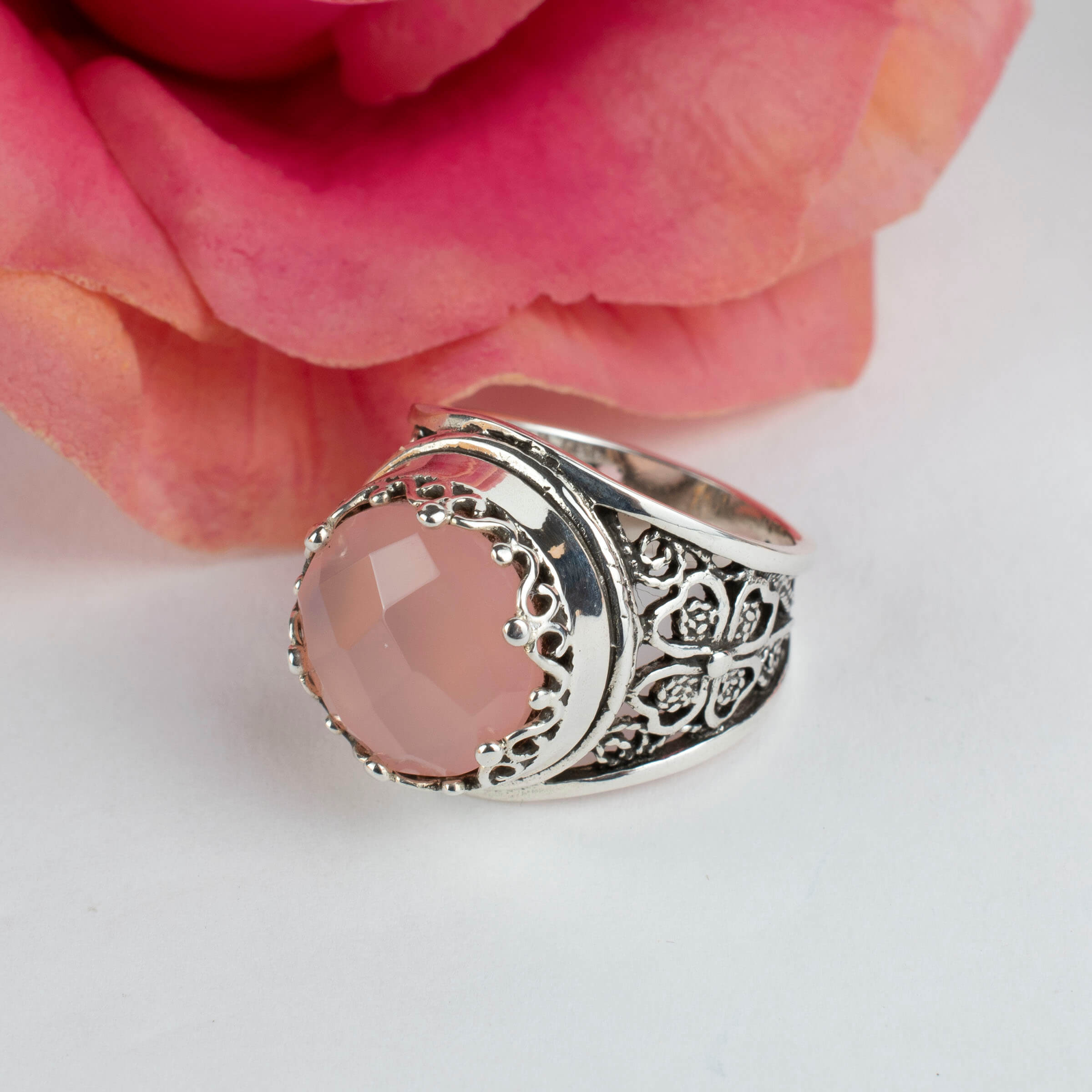 Filigree Art Pink Chalcedony Gemstone Women Crown Silver Statement