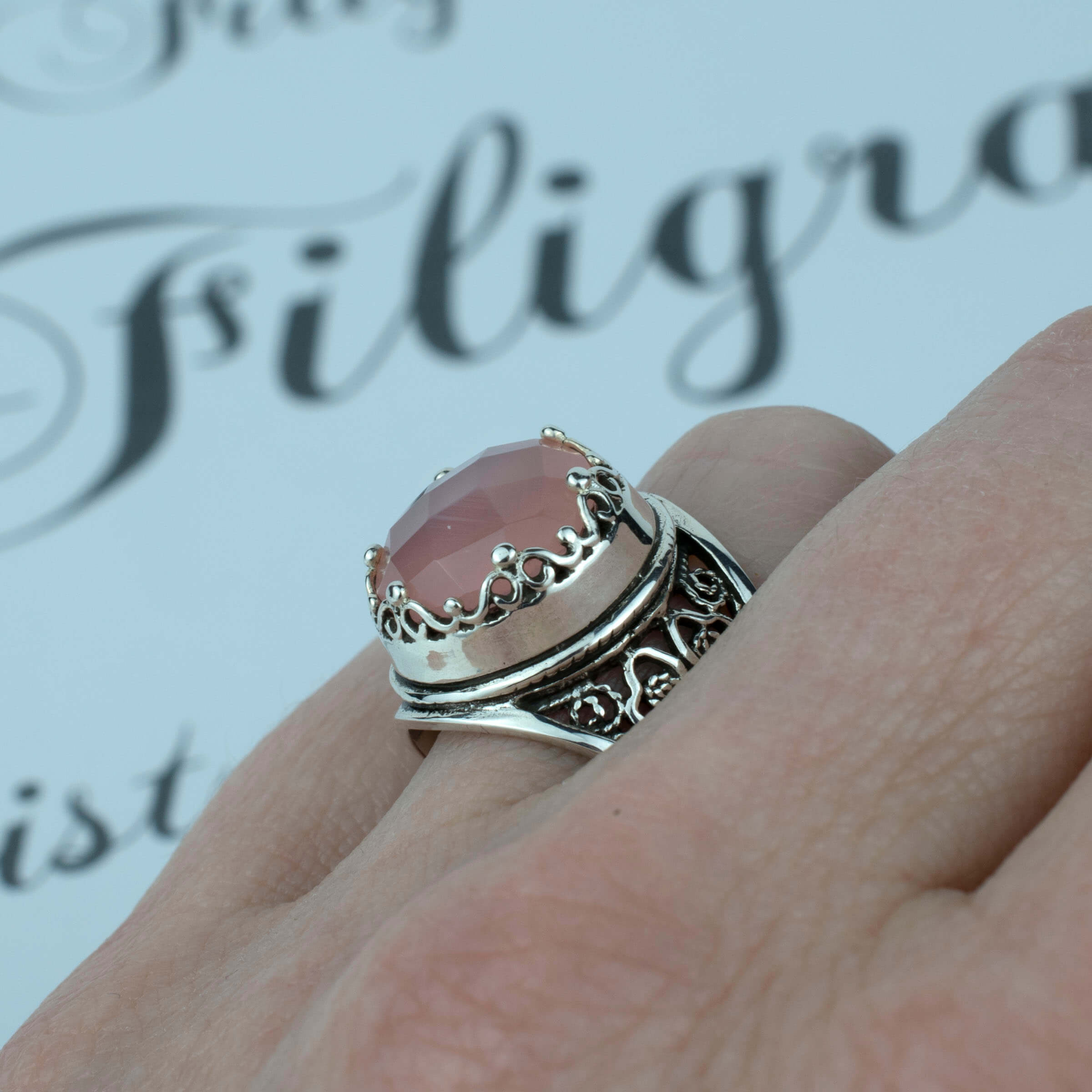 Filigree Art Pink Chalcedony Gemstone Women Crown Silver Statement