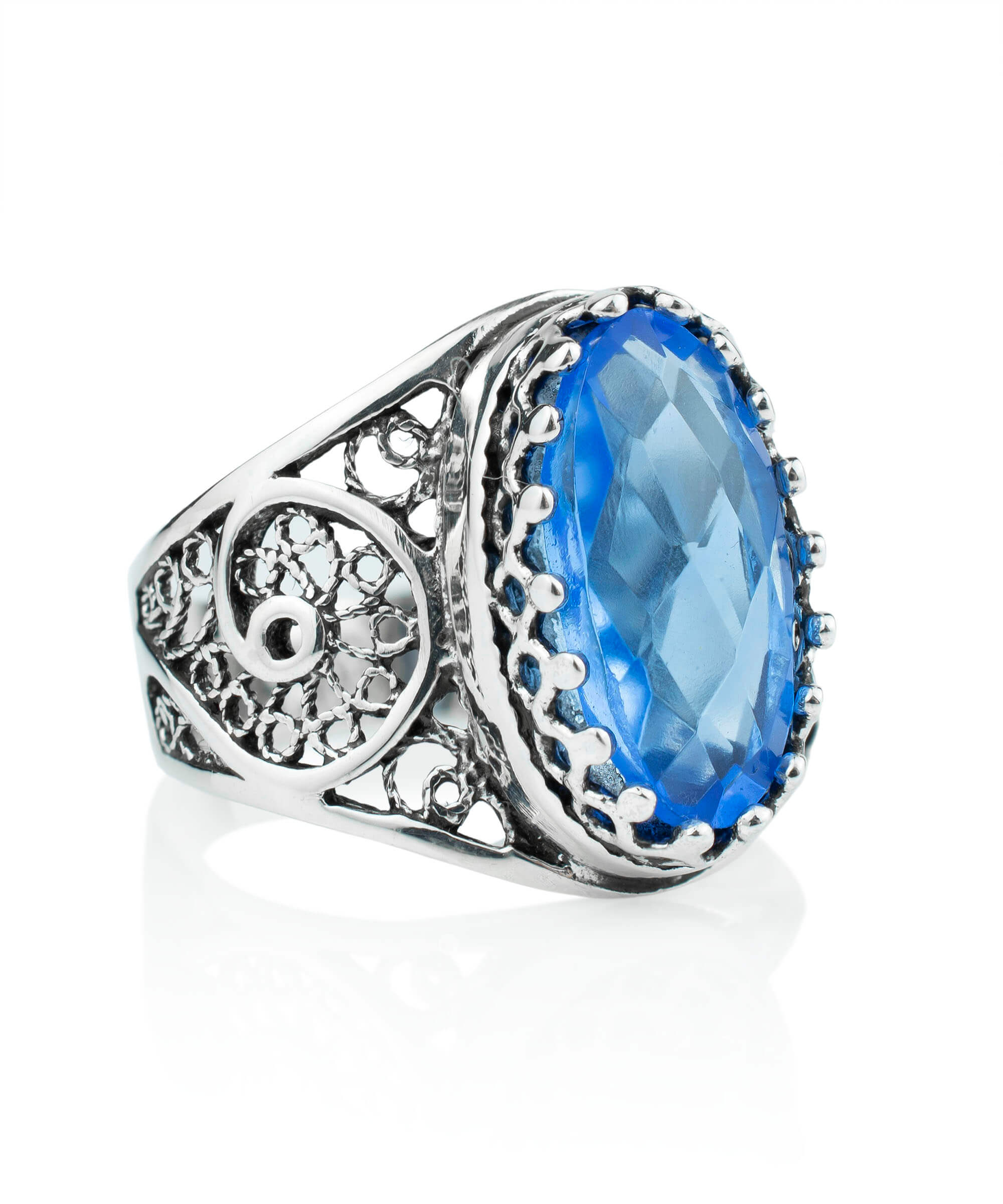 Filigree Art Blue Quartz Gemstone Women Oval Silver Cocktail Ring