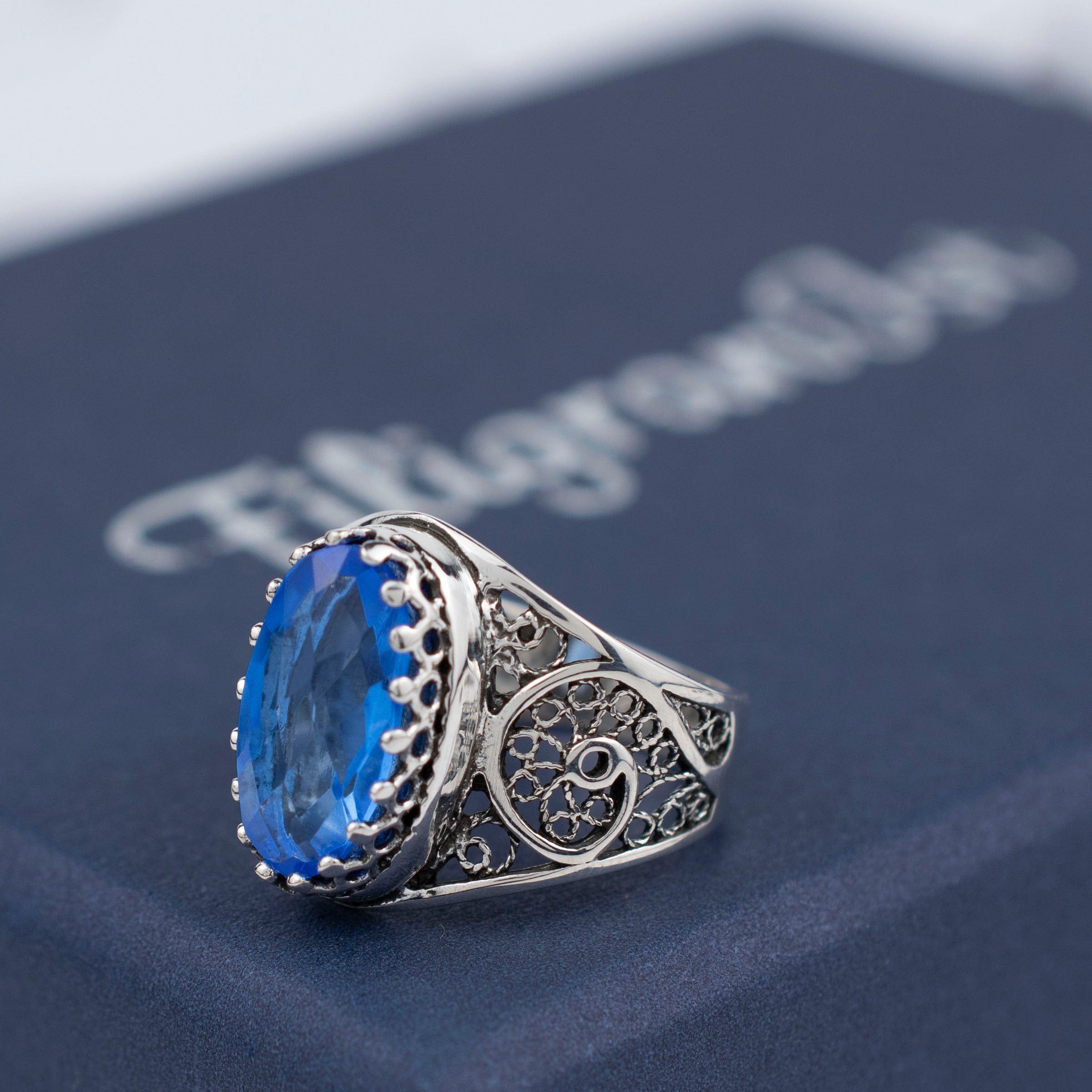 Filigree Art Blue Quartz Gemstone Women Oval Silver Cocktail Ring