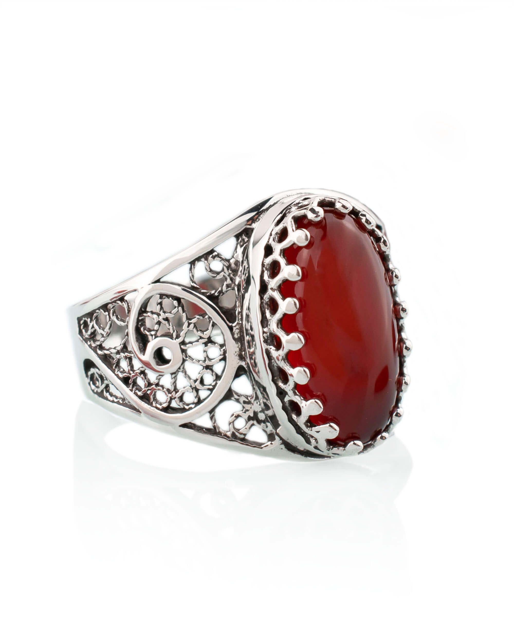 Filigree Art Carnelian Gemstone Women Oval Silver Cocktail Ring