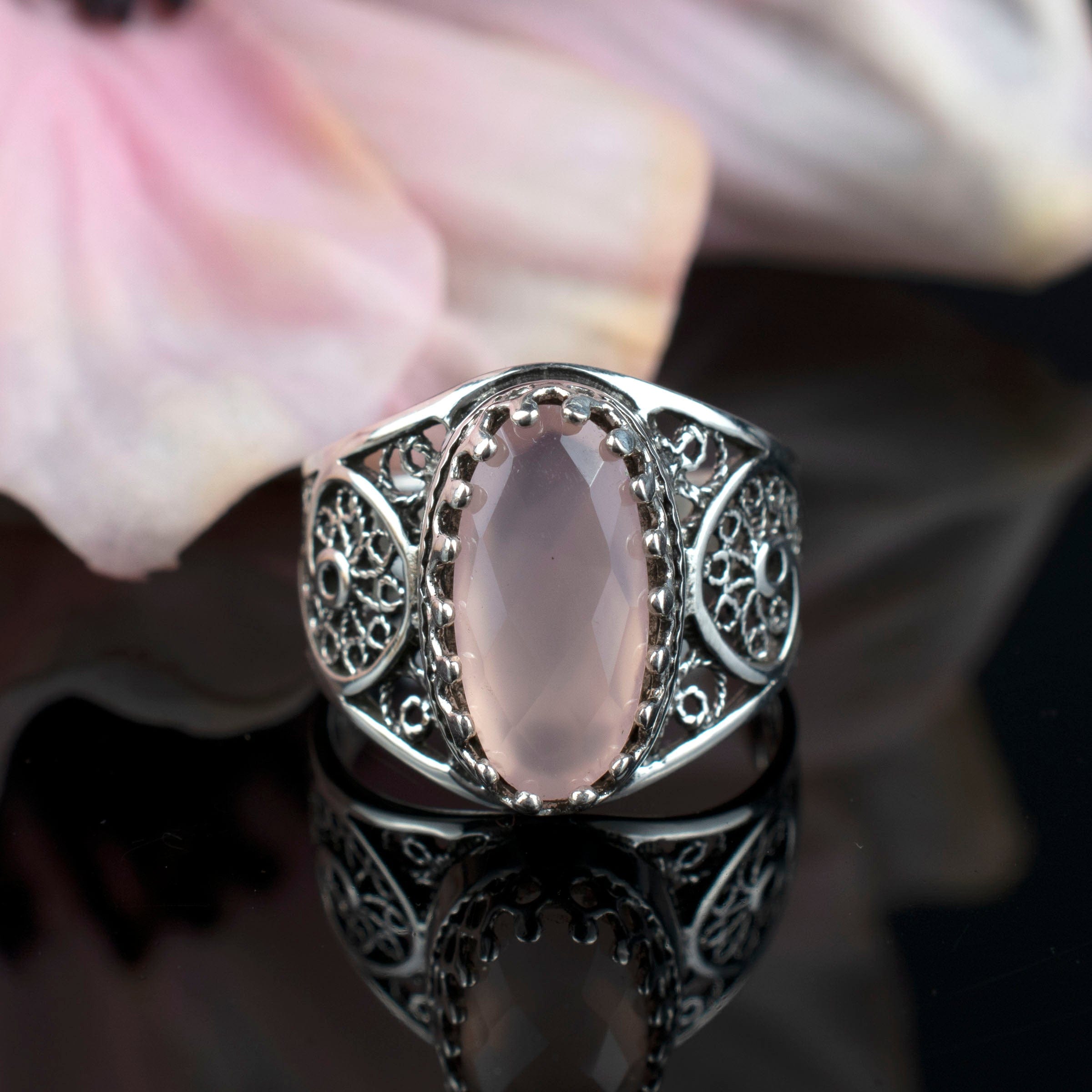 Filigree Art Pink Chalcedony Gemstone Women Oval Silver Cocktail Ring