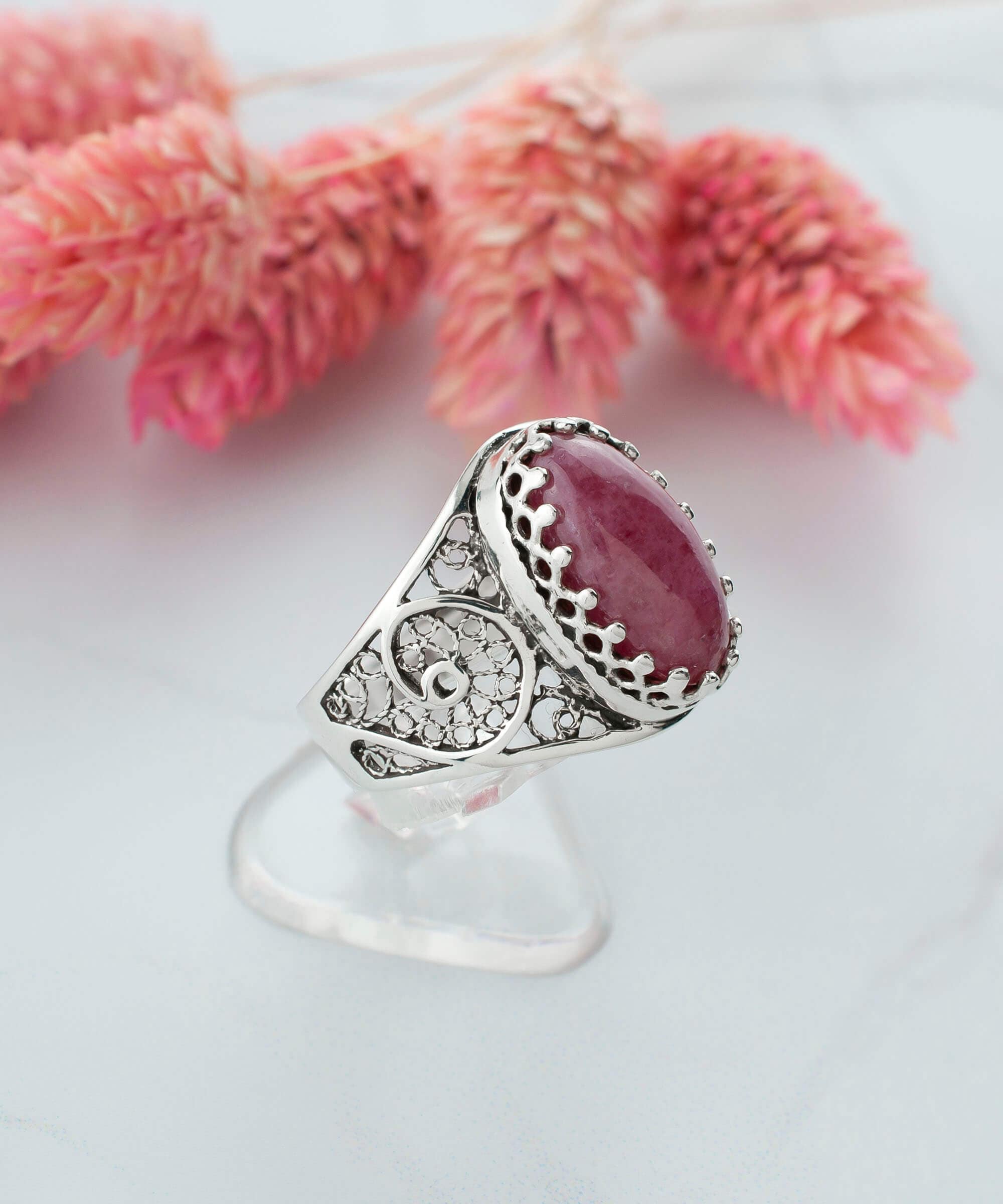 Filigree Art Rhodonite Gemstone Women Oval Silver Cocktail Ring