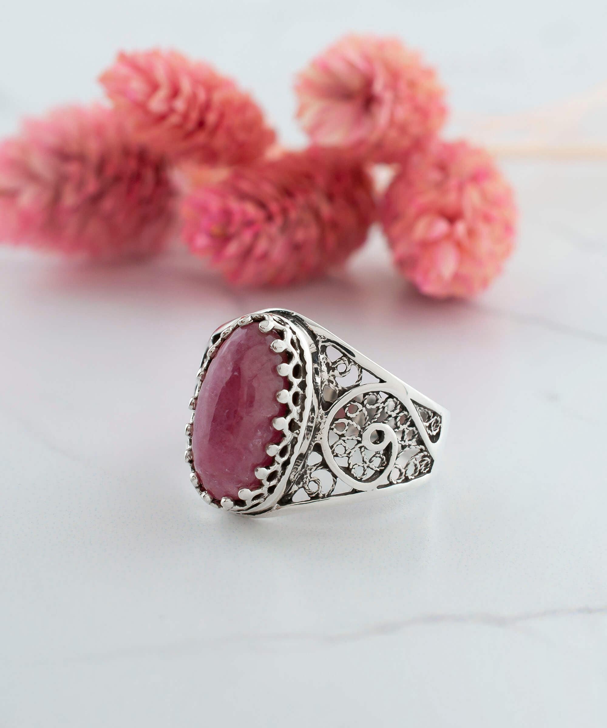 Filigree Art Rhodonite Gemstone Women Oval Silver Cocktail Ring