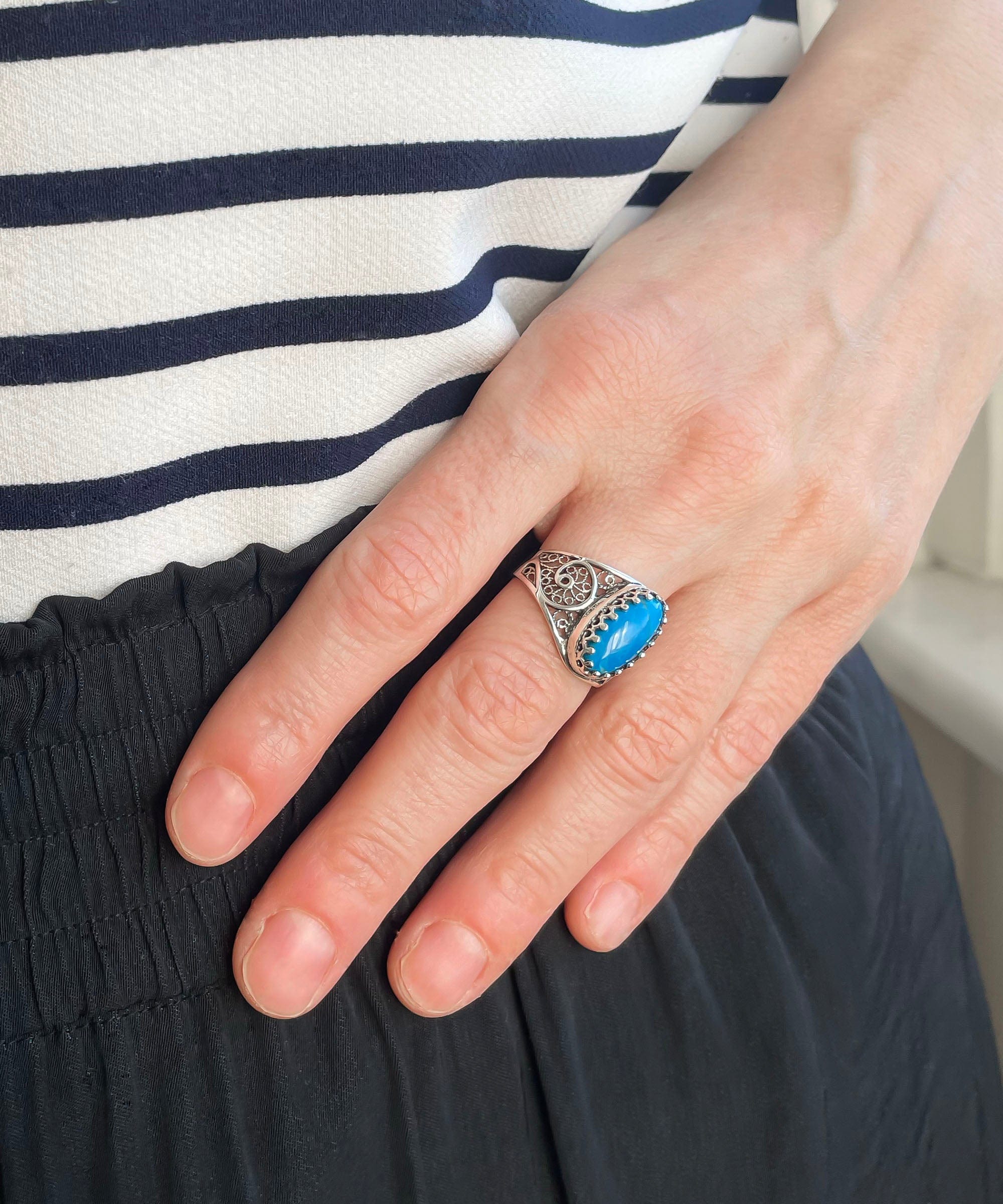 Filigree Art Turquoise Gemstone Women Oval Silver Cocktail Ring