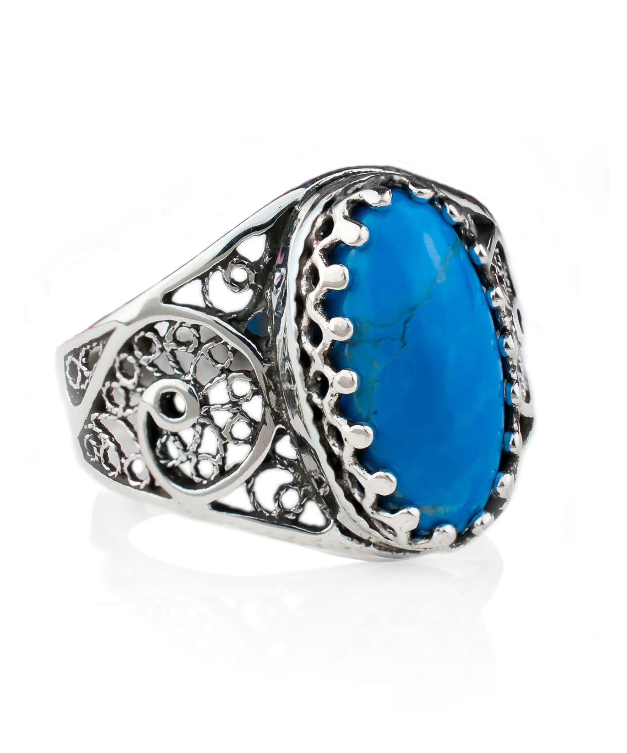 Filigree Art Turquoise Gemstone Women Oval Silver Cocktail Ring