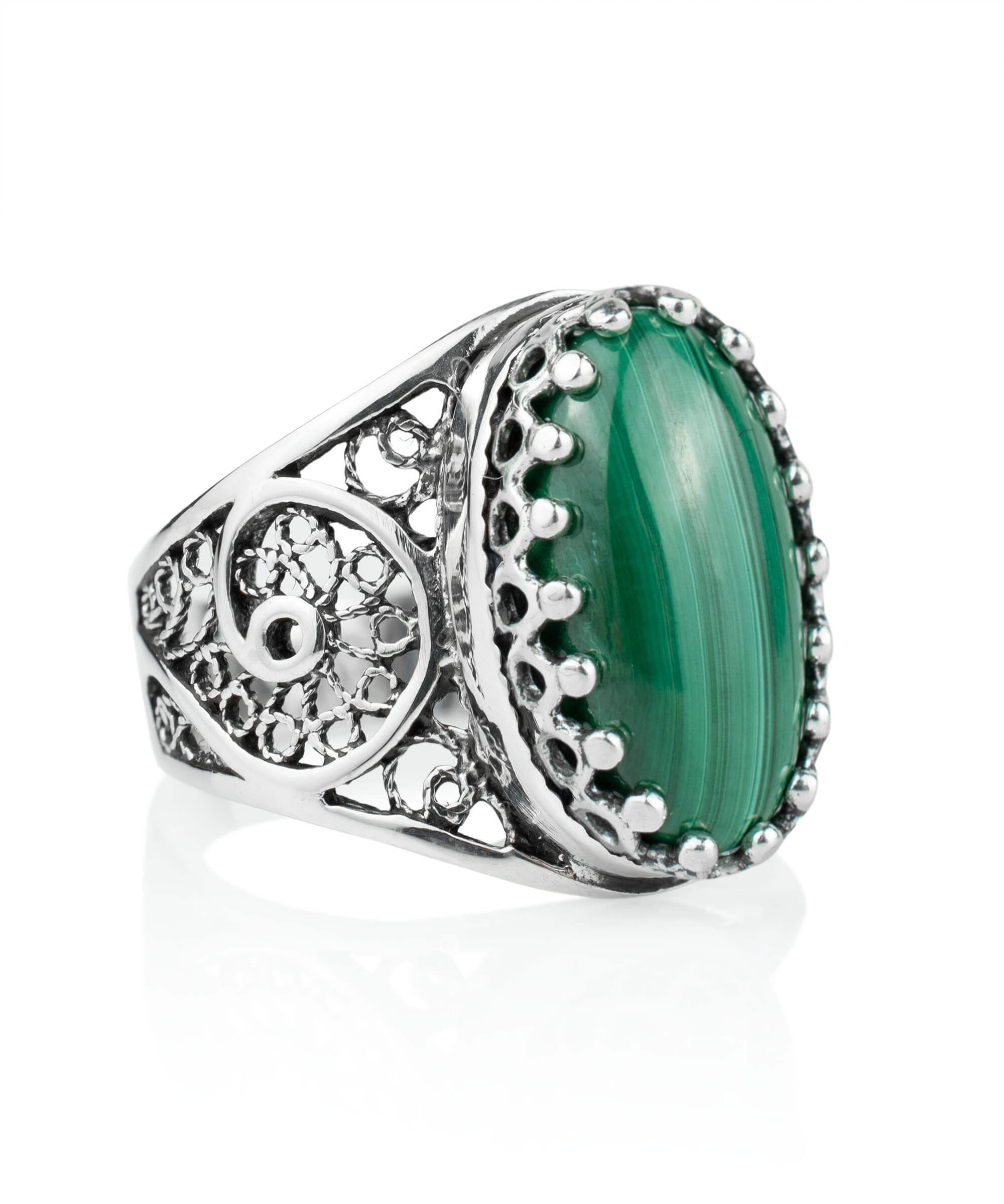 Filigree Art Malachite Gemstone Women Oval Silver Cocktail Ring