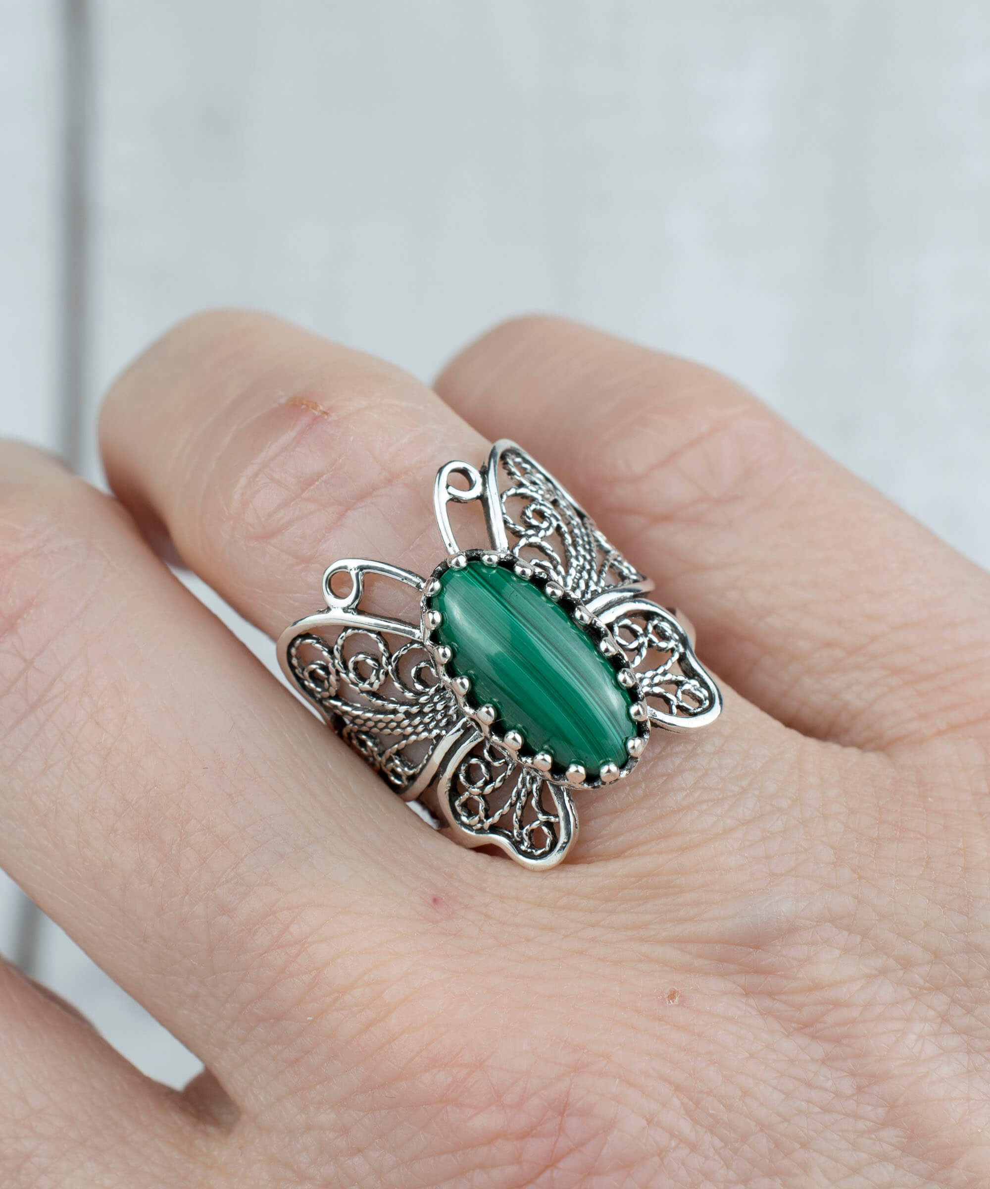 Filigree Art Malachite Gemstone Butterfly Design Women Silver Cocktail