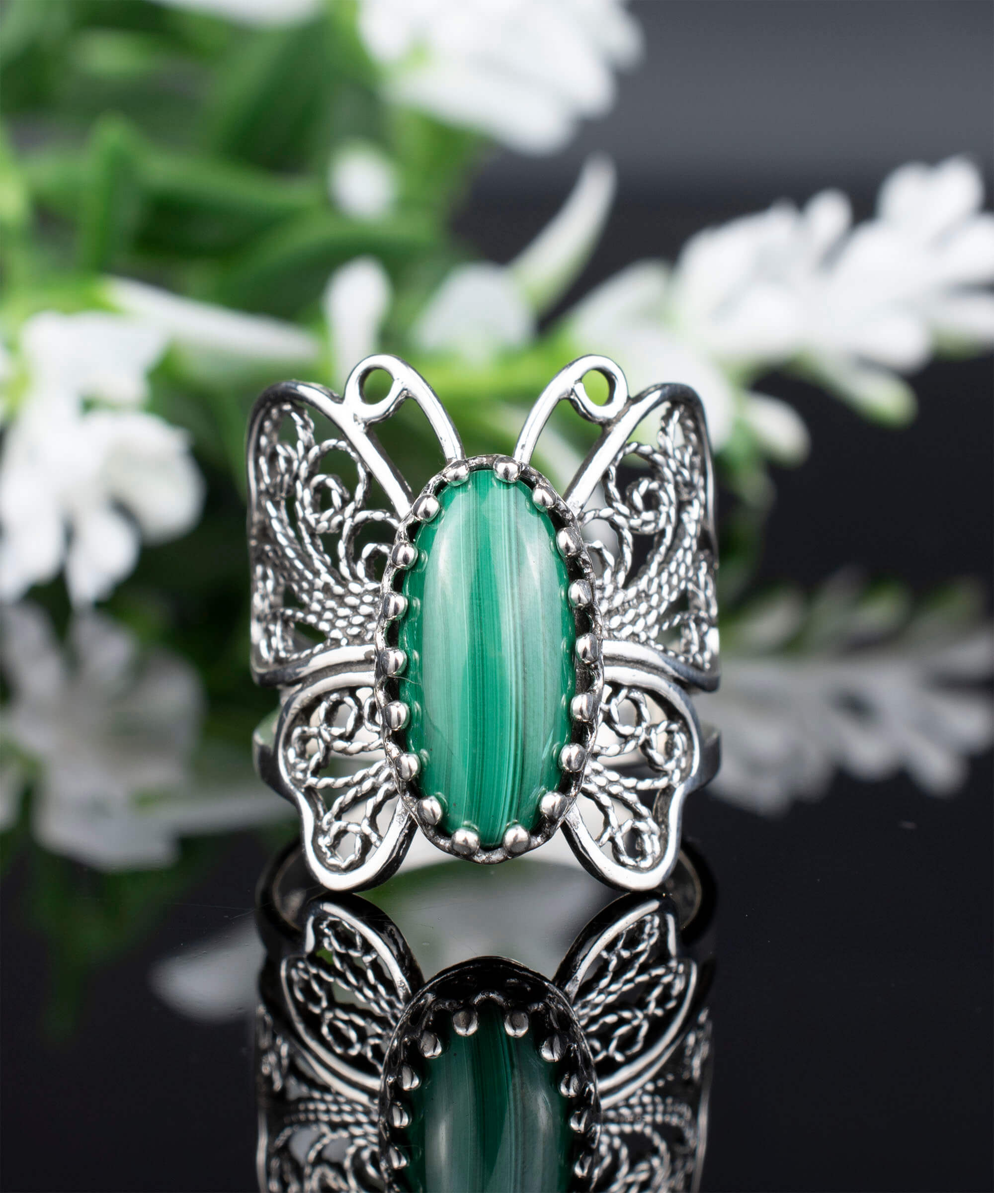 Filigree Art Malachite Gemstone Butterfly Design Women Silver Cocktail