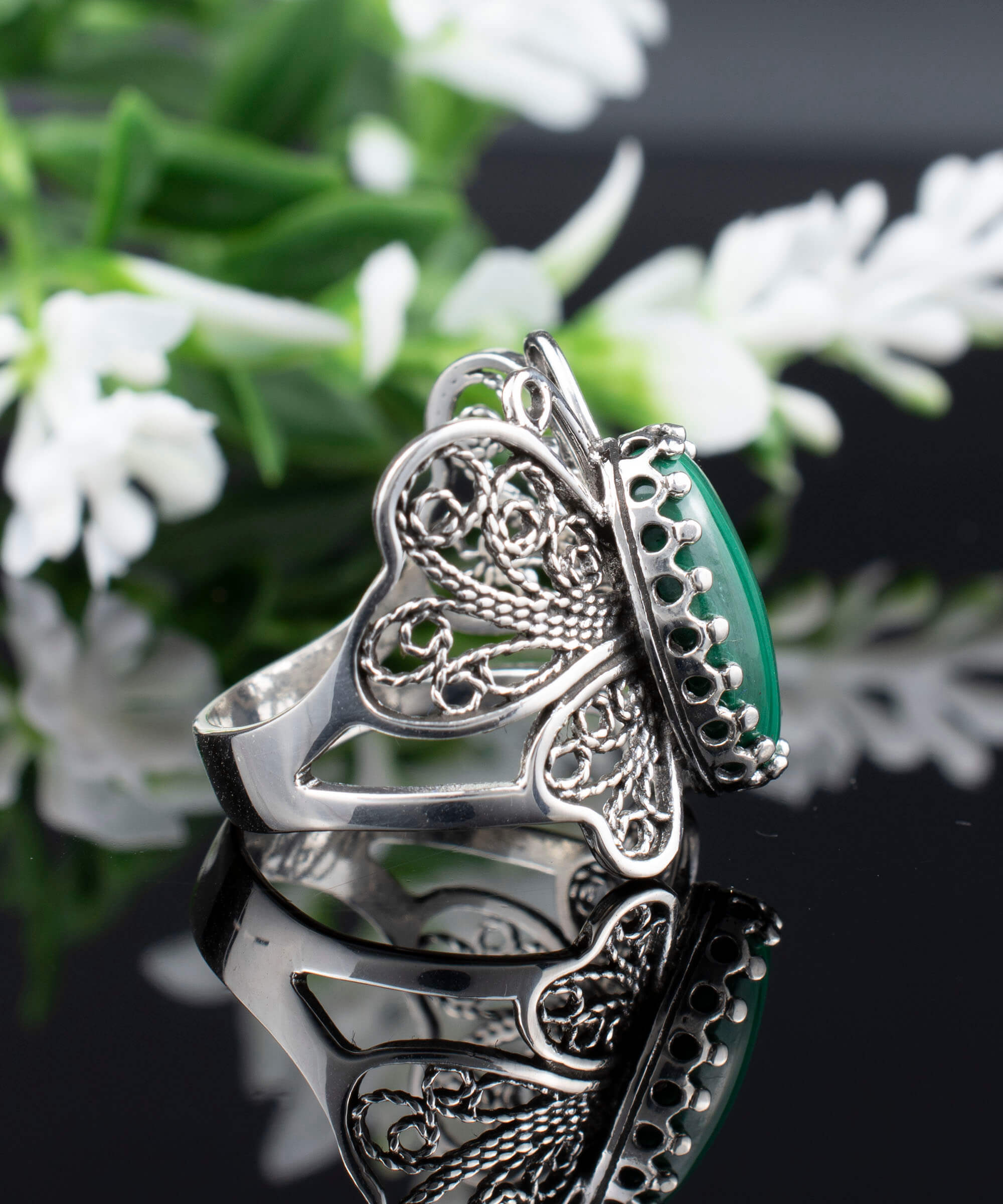 Filigree Art Malachite Gemstone Butterfly Design Women Silver Cocktail