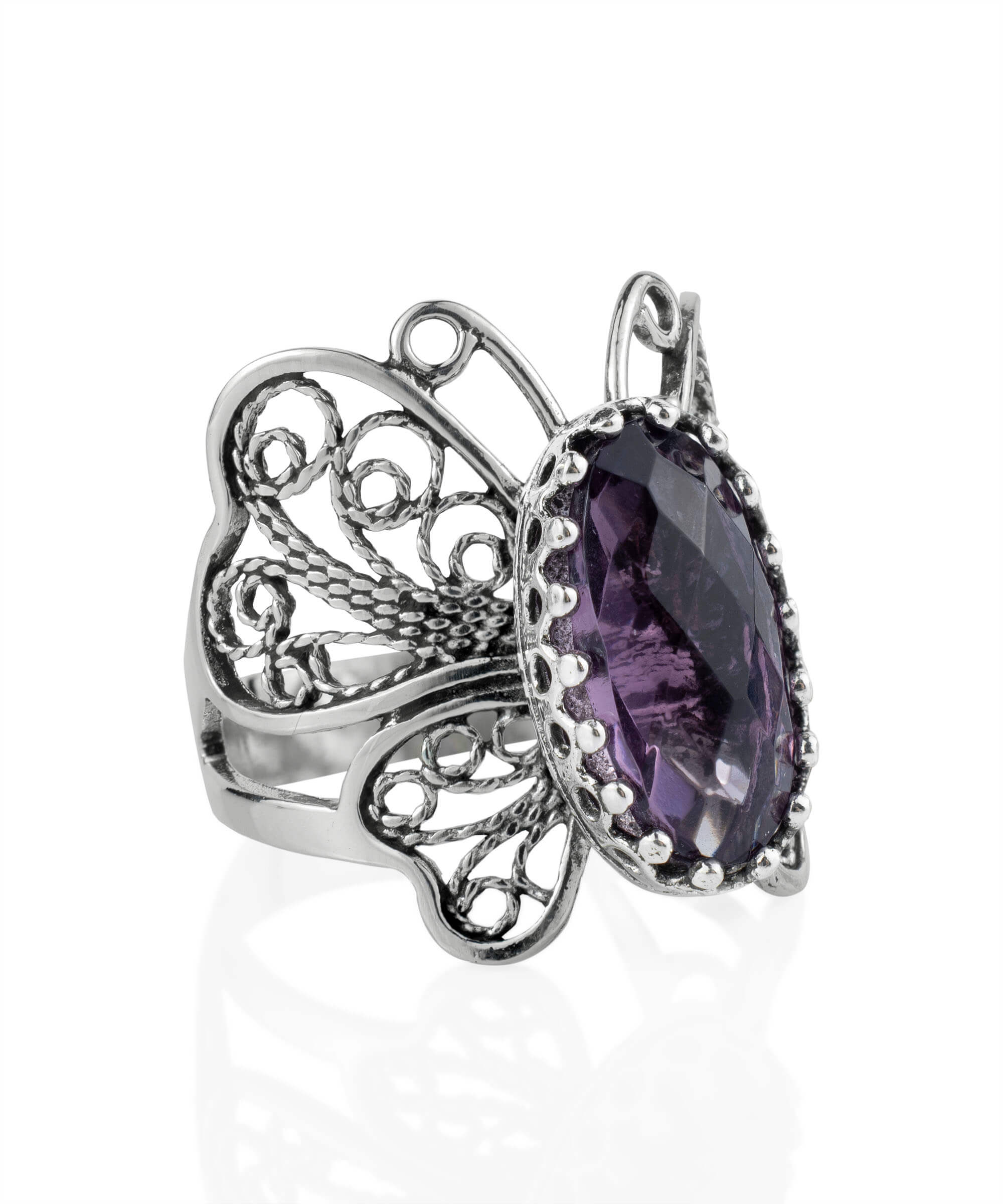 Filigree Art Amethyst Gemstone Butterfly Design Women Silver Cocktail