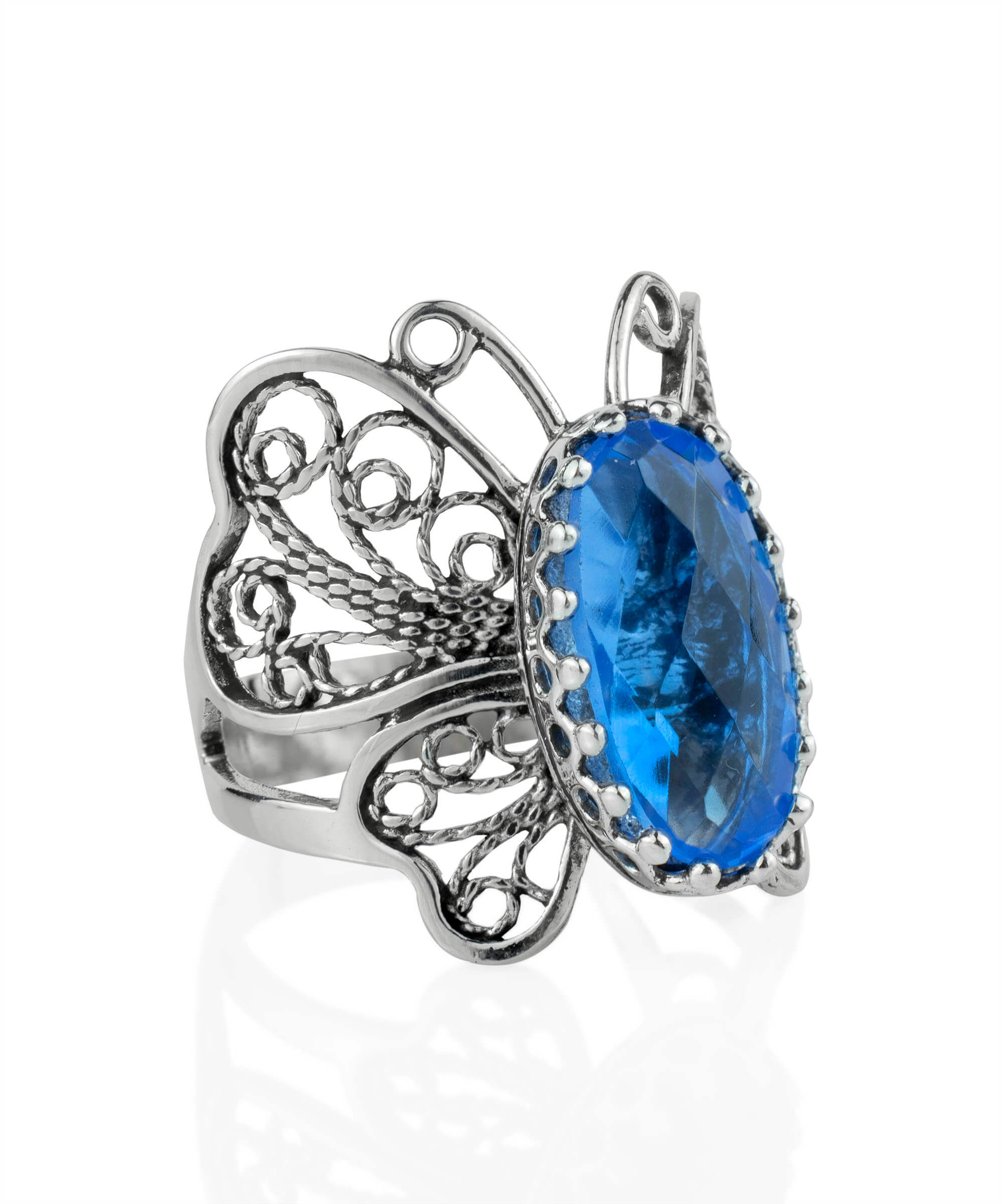 Filigree Art Blue Quartz Gemstone Butterfly Design Women Silver