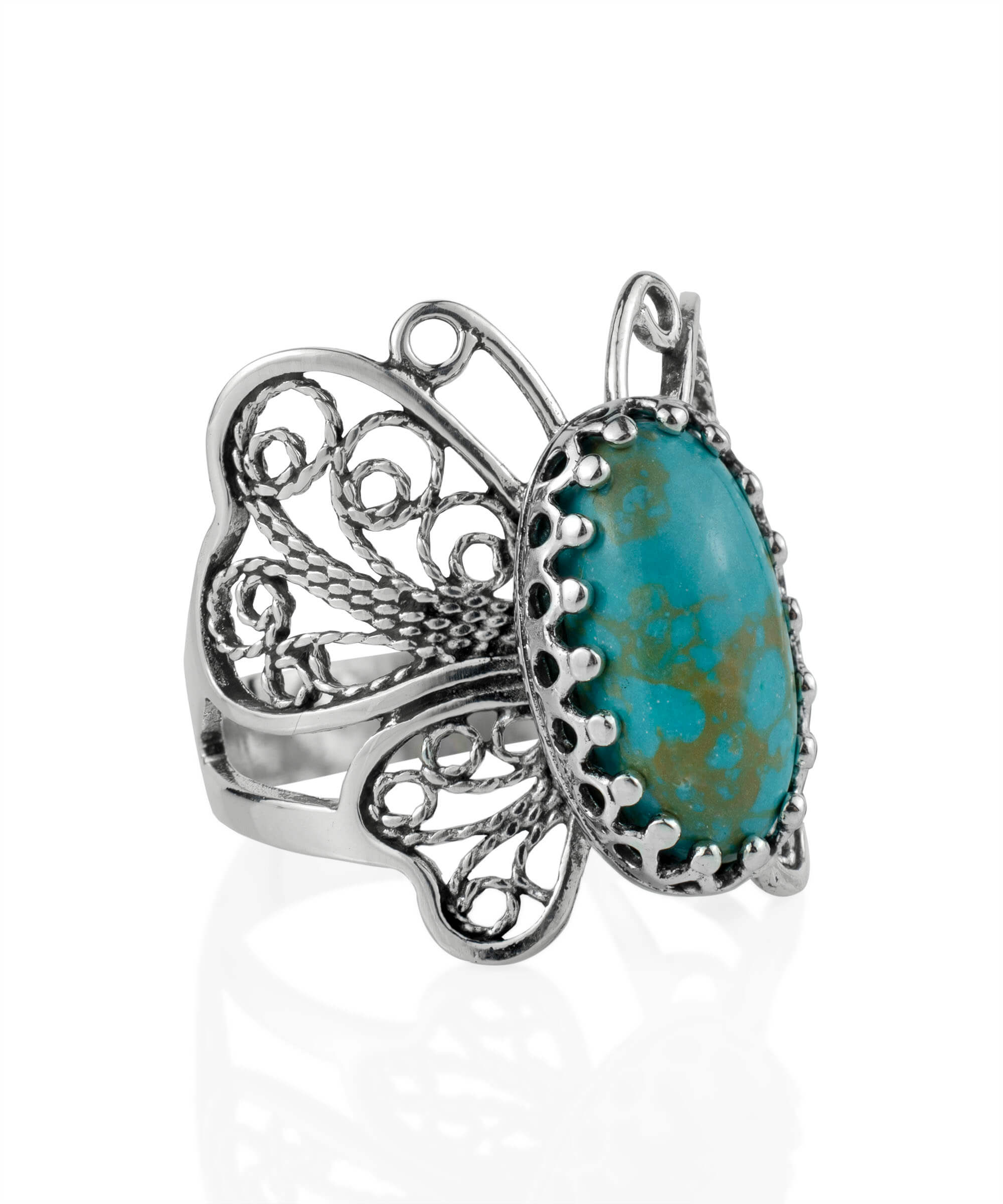 Filigree Art Turquoise Gemstone Butterfly Design Women Silver Cocktail