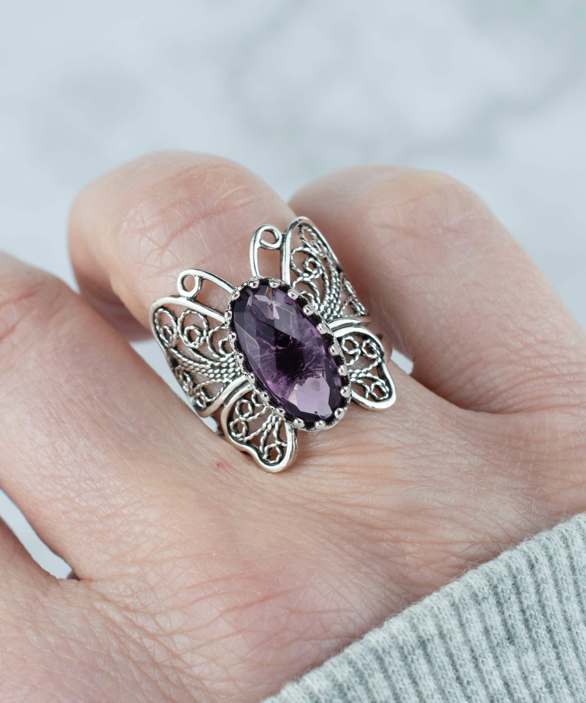 Filigree Art Amethyst Gemstone Butterfly Design Women Silver Cocktail