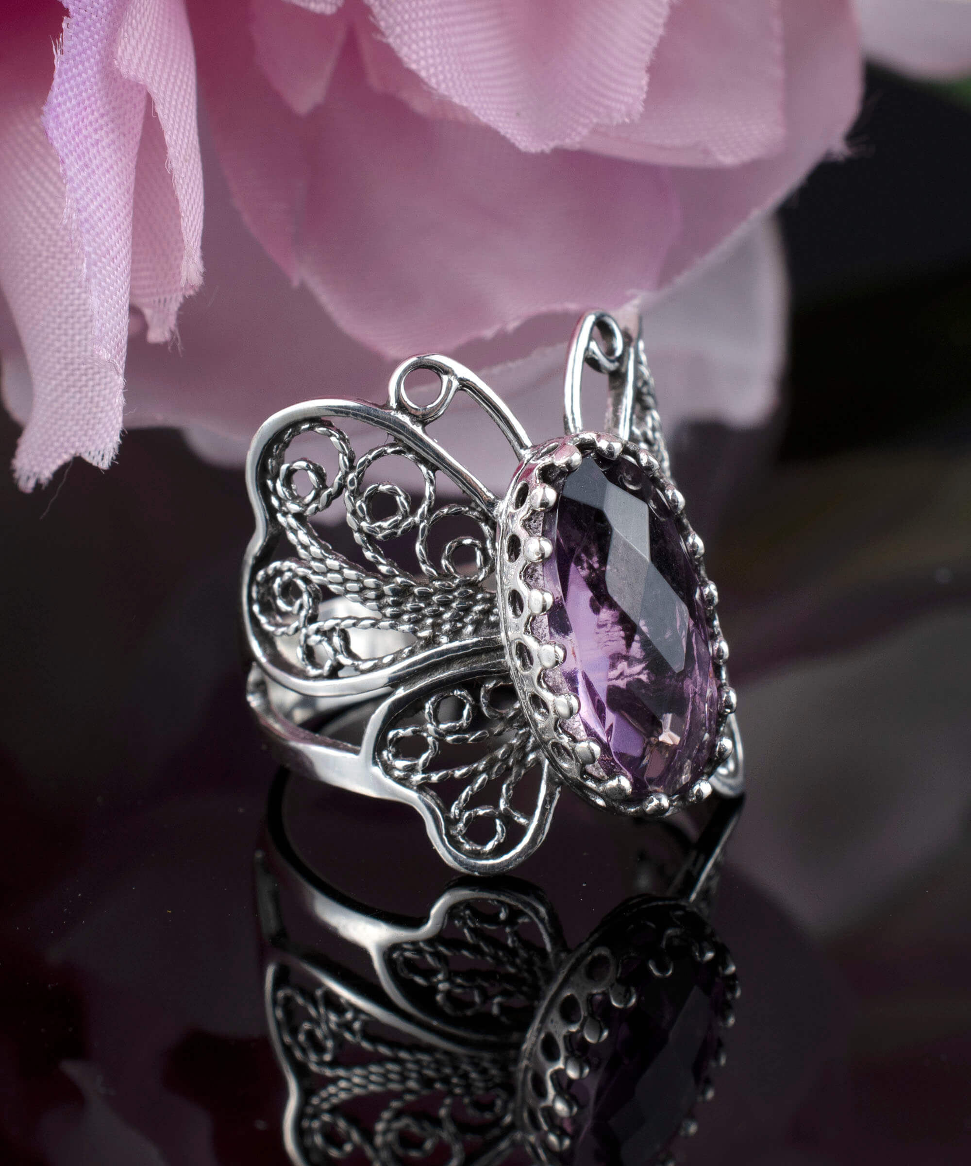 Filigree Art Amethyst Gemstone Butterfly Design Women Silver Cocktail