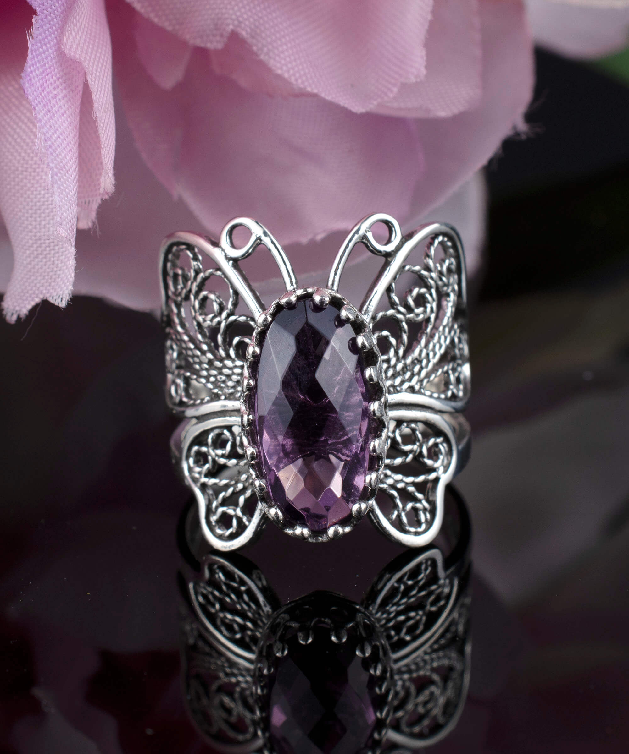 Filigree Art Amethyst Gemstone Butterfly Design Women Silver Cocktail