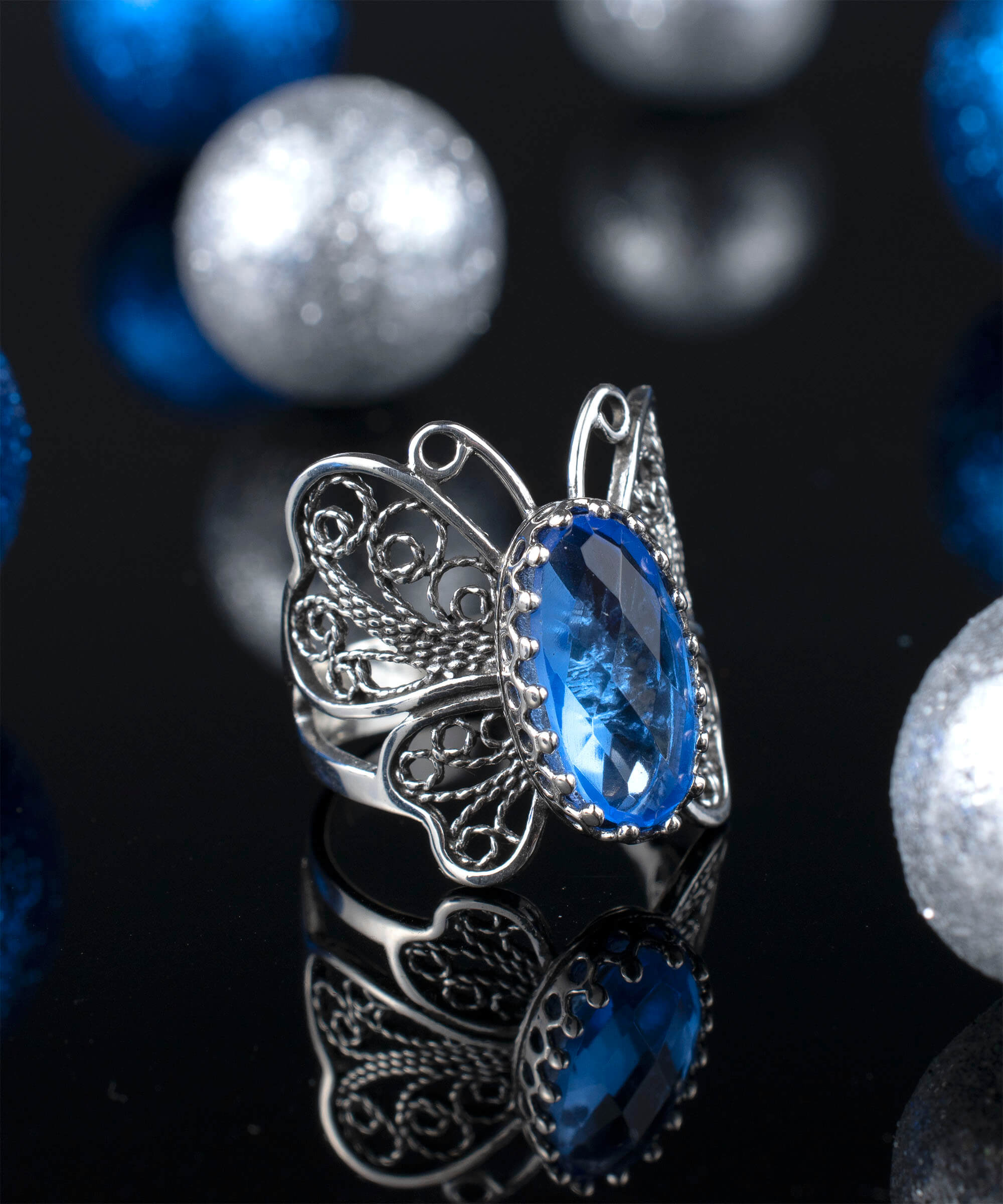 Filigree Art Blue Quartz Gemstone Butterfly Design Women Silver