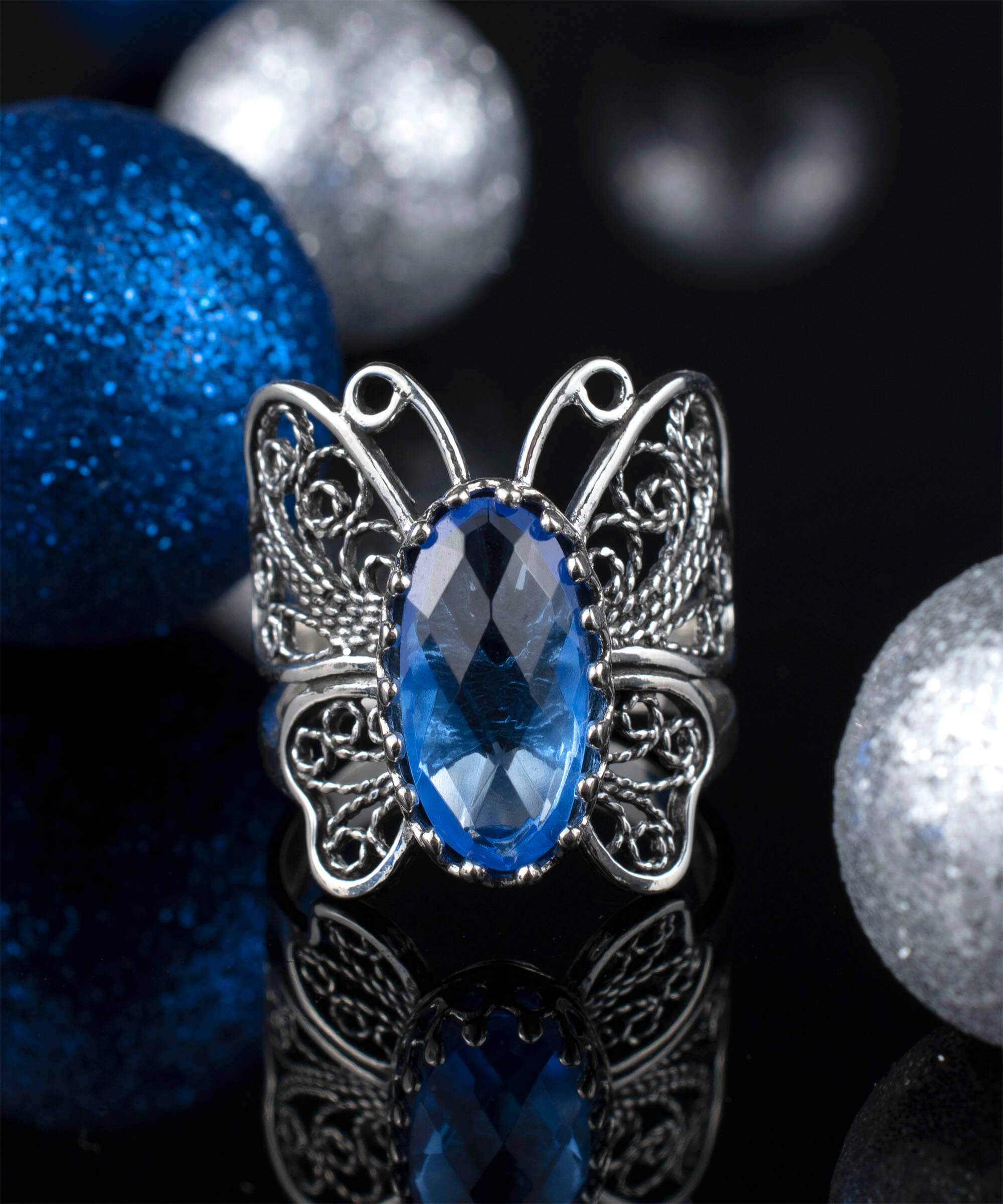 Filigree Art Blue Quartz Gemstone Butterfly Design Women Silver