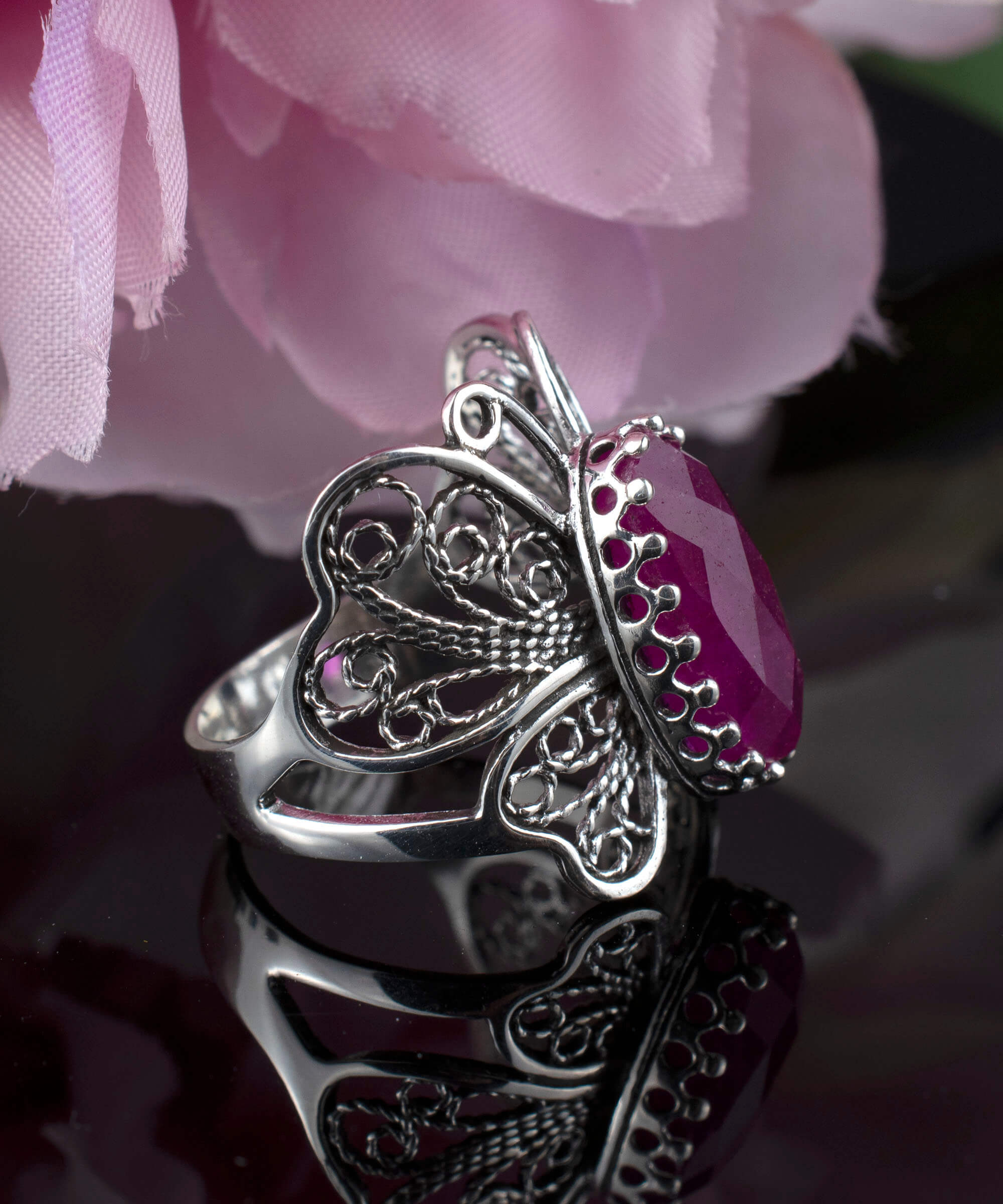 Filigree Art Ruby Corundum Gemstone Butterfly Design Women Silver