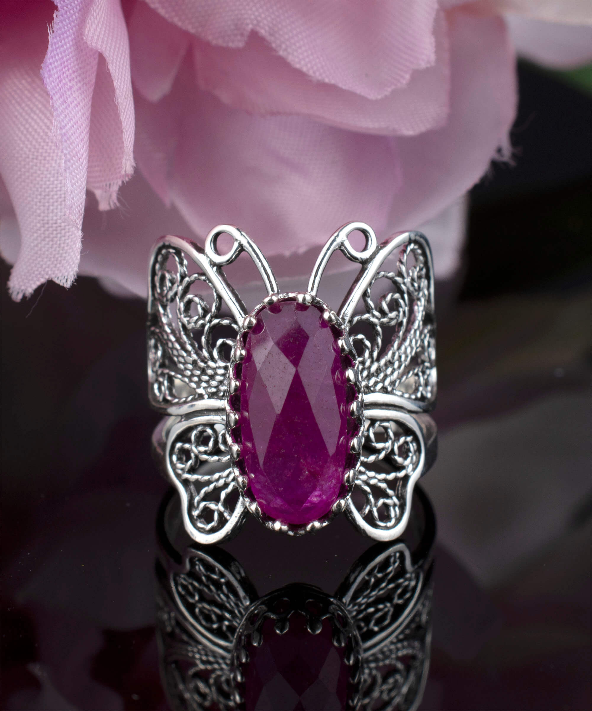 Filigree Art Ruby Corundum Gemstone Butterfly Design Women Silver