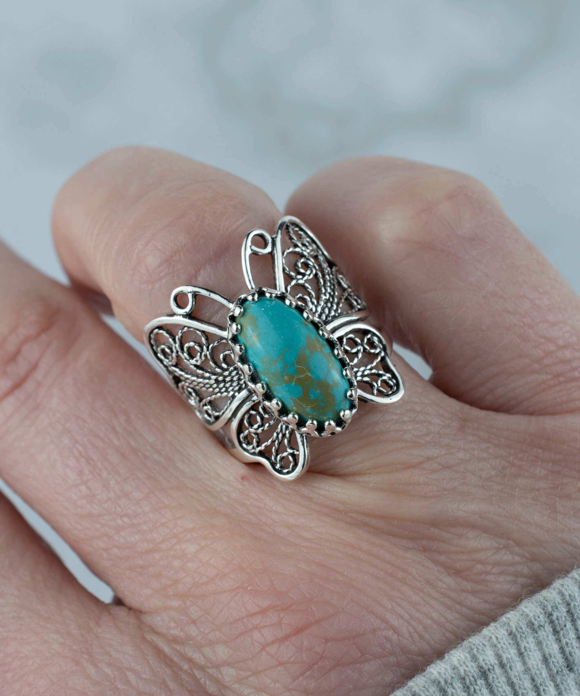 Filigree Art Turquoise Gemstone Butterfly Design Women Silver Cocktail