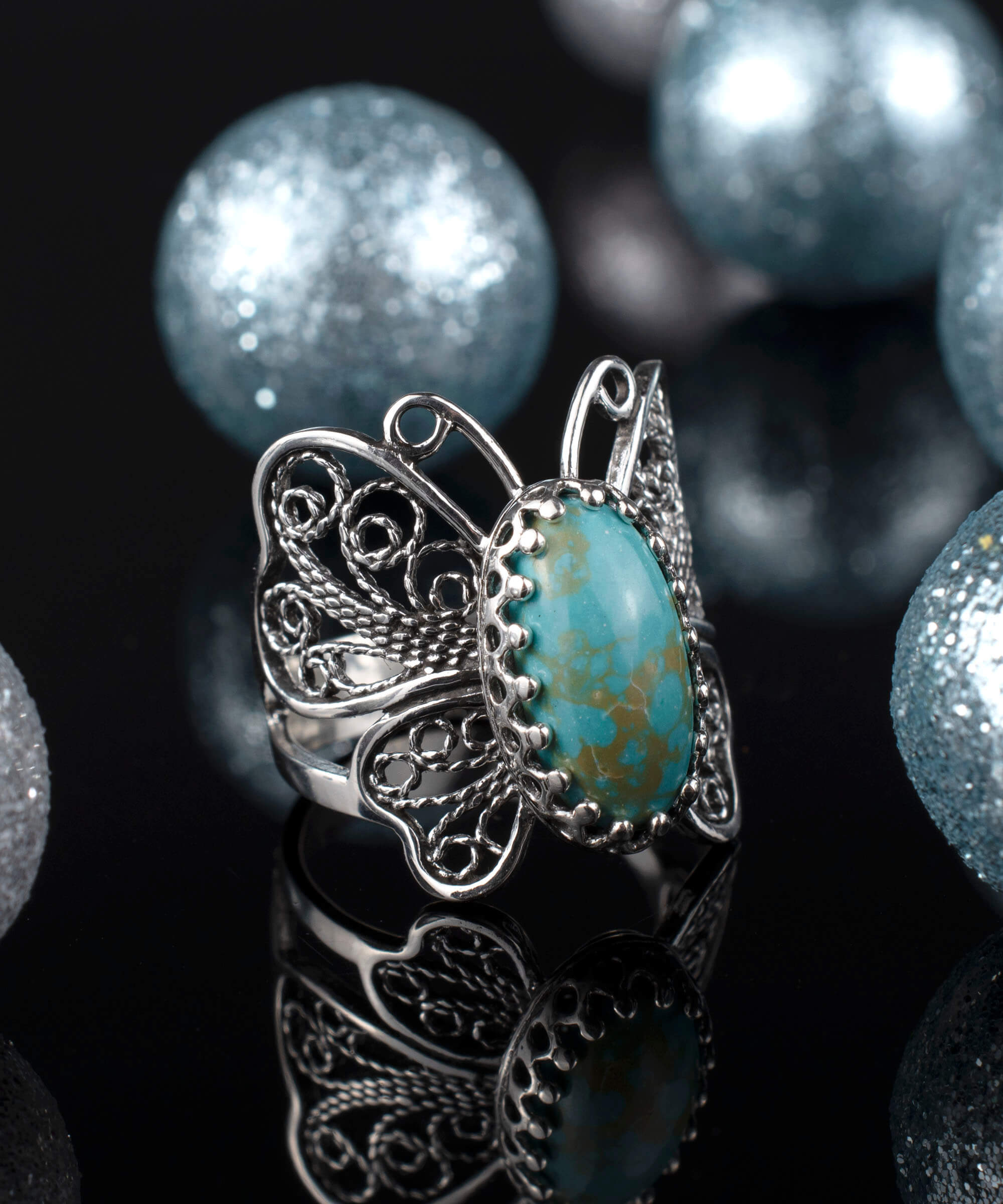 Filigree Art Turquoise Gemstone Butterfly Design Women Silver Cocktail