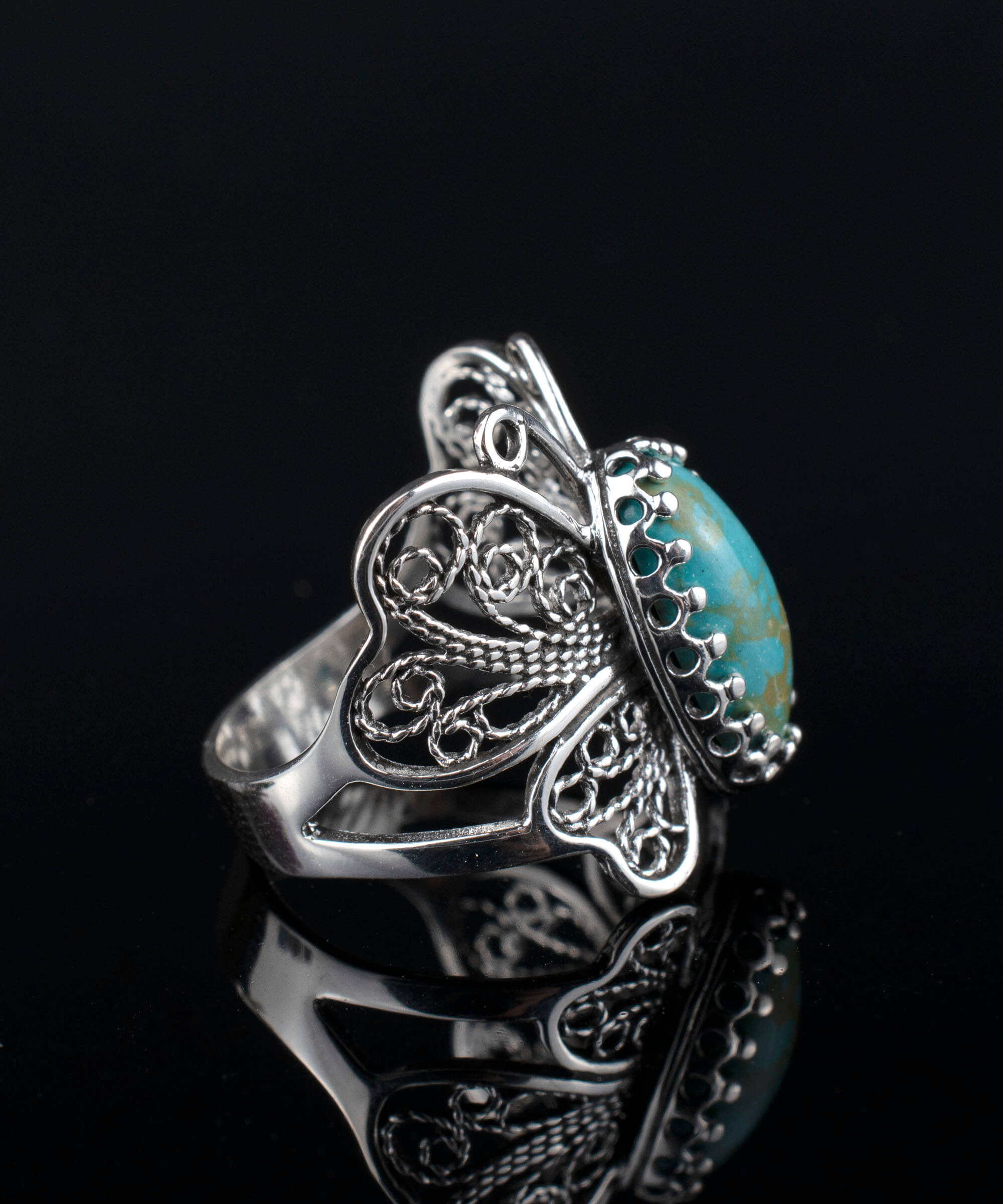 Filigree Art Turquoise Gemstone Butterfly Design Women Silver Cocktail