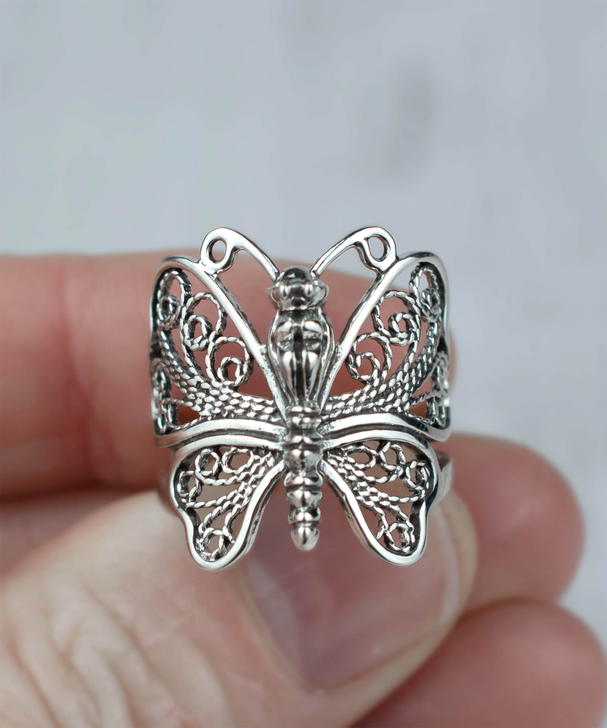 Filigree Art Butterfly Design Women Silver Statement Ring