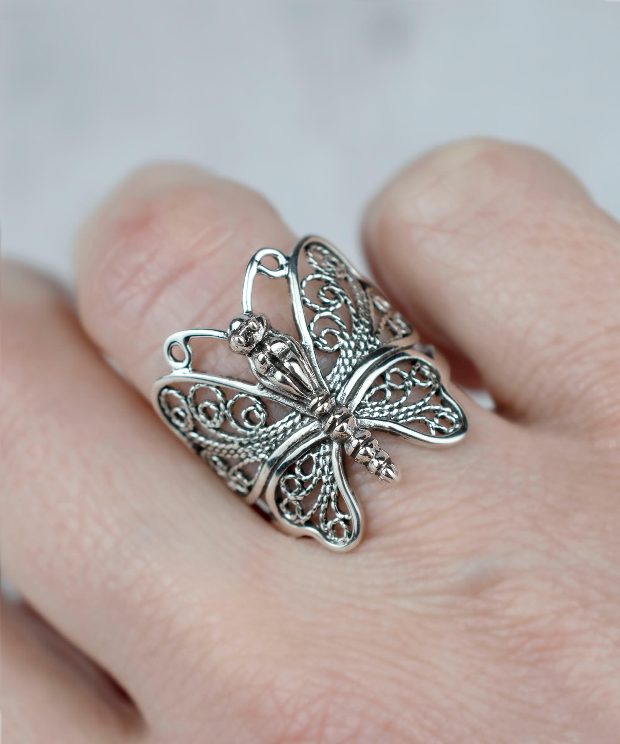 Filigree Art Butterfly Design Women Silver Statement Ring