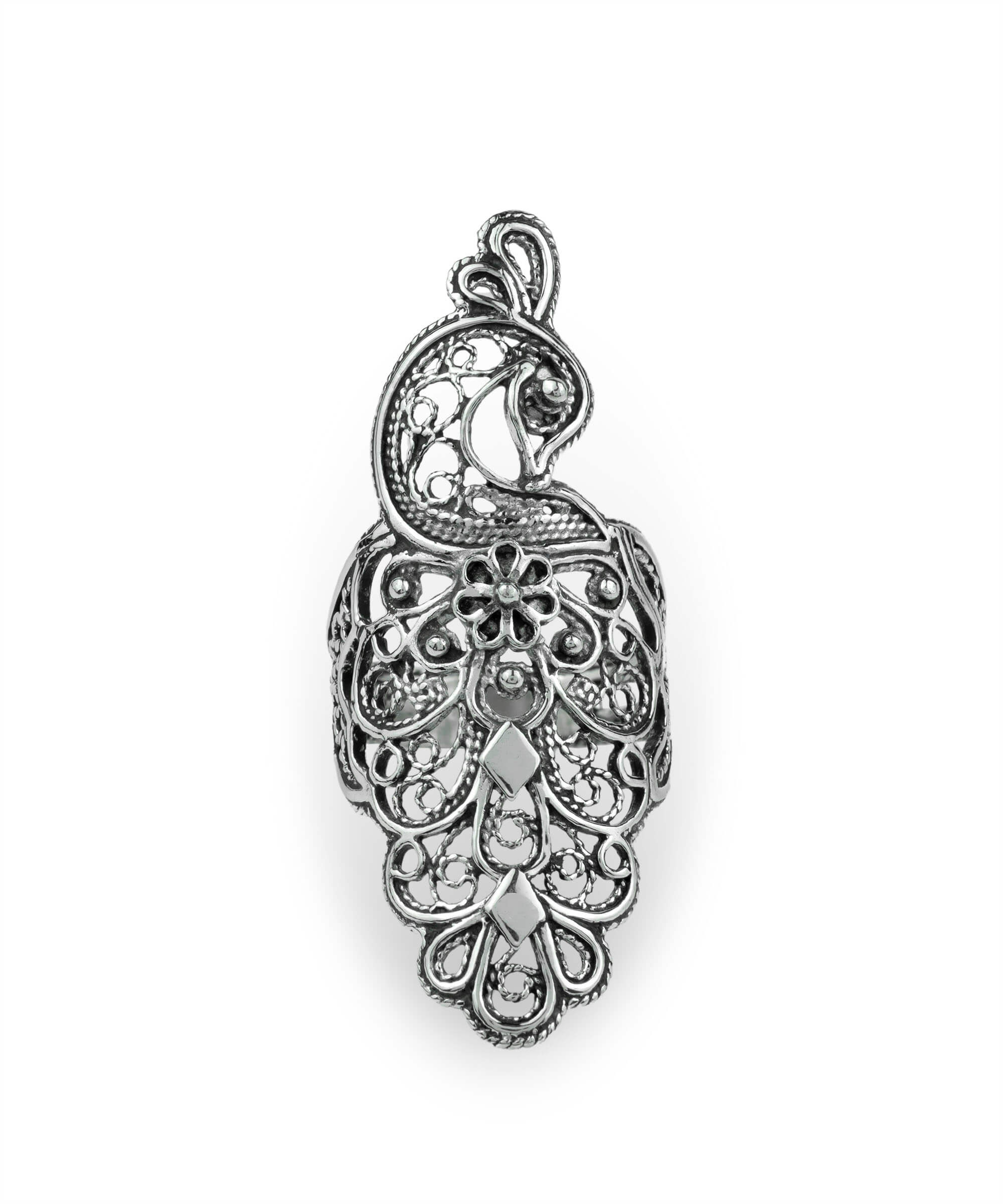 Filigree Art Peacock Design Women Silver Statement Ring