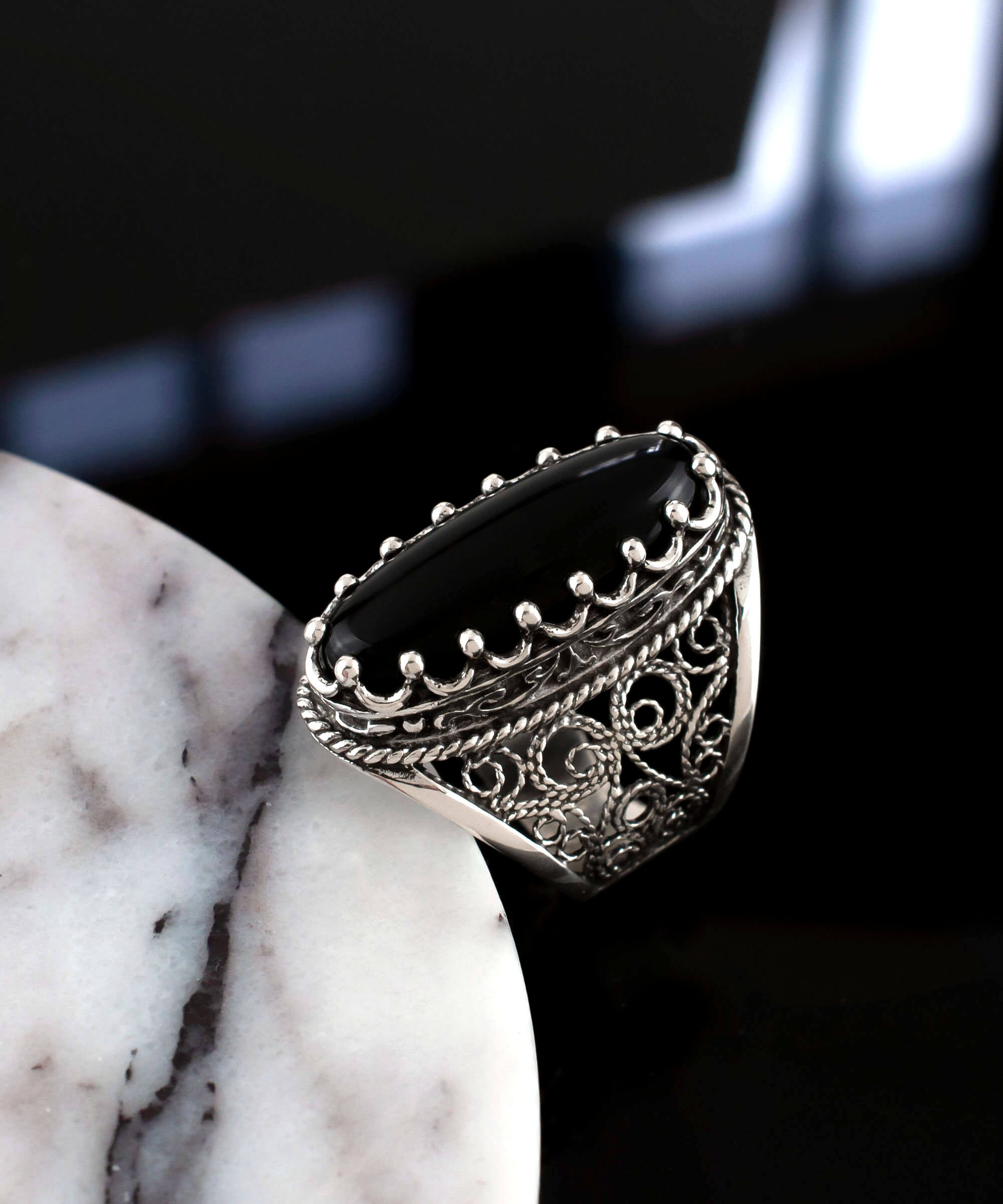 Filigree Art Black Onyx Gemstone Women Silver Long Statement Ring