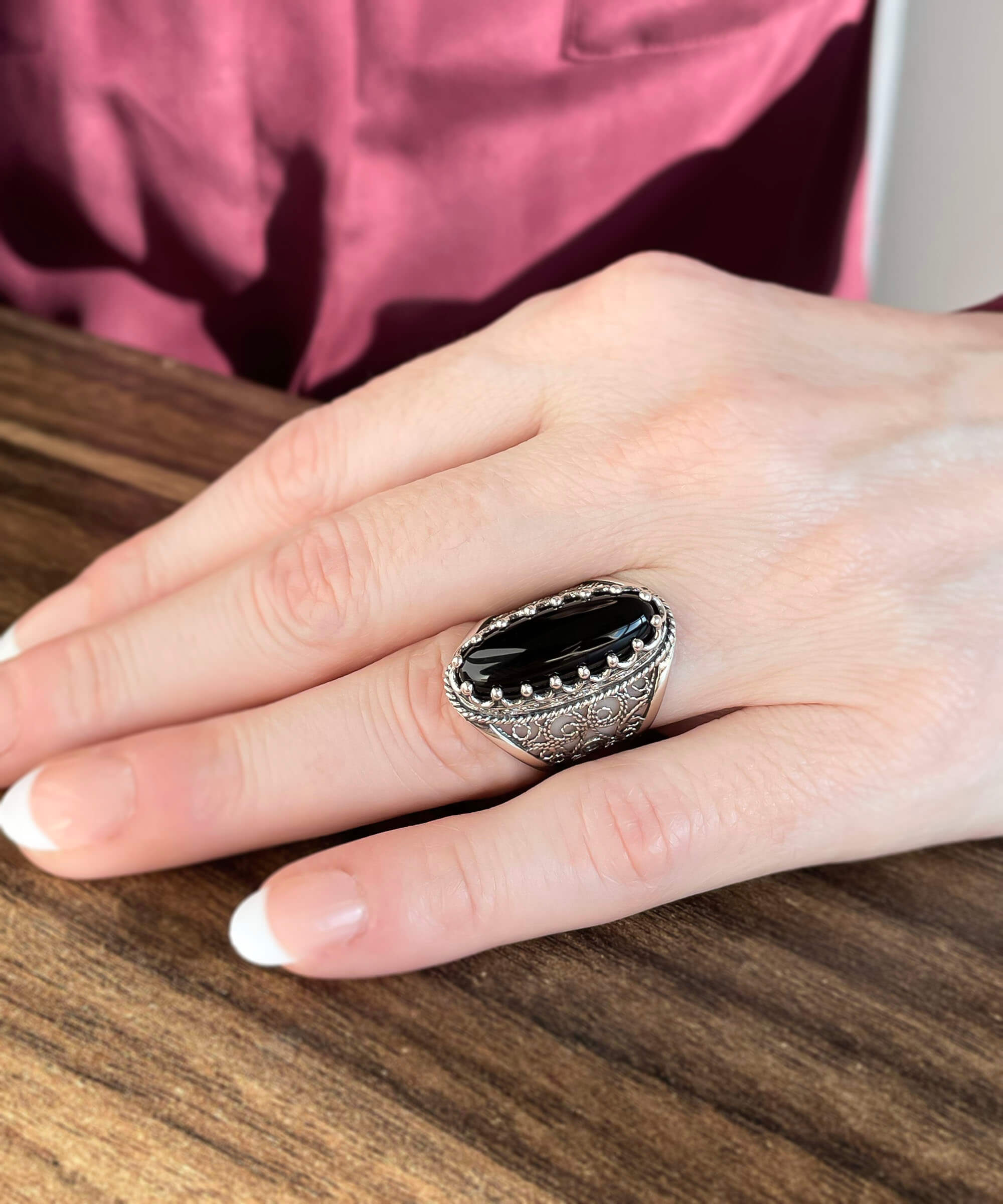 Filigree Art Black Onyx Gemstone Women Silver Long Statement Ring