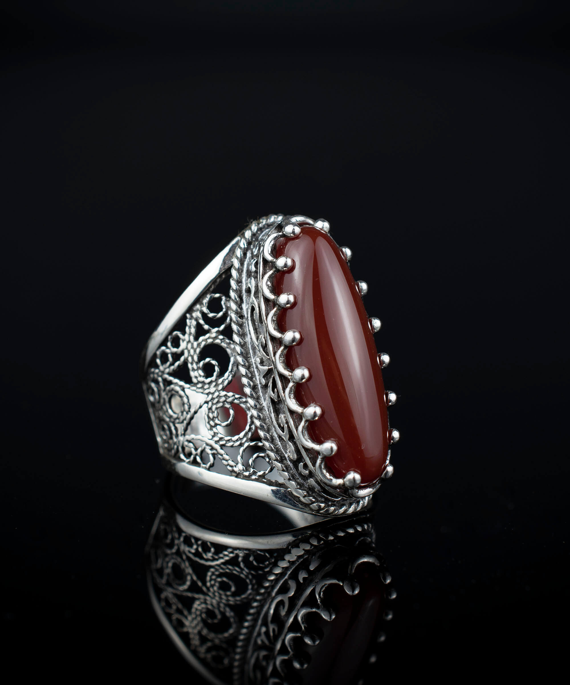 Filigree Art Carnelian Gemstone Women Silver Long Statement Ring