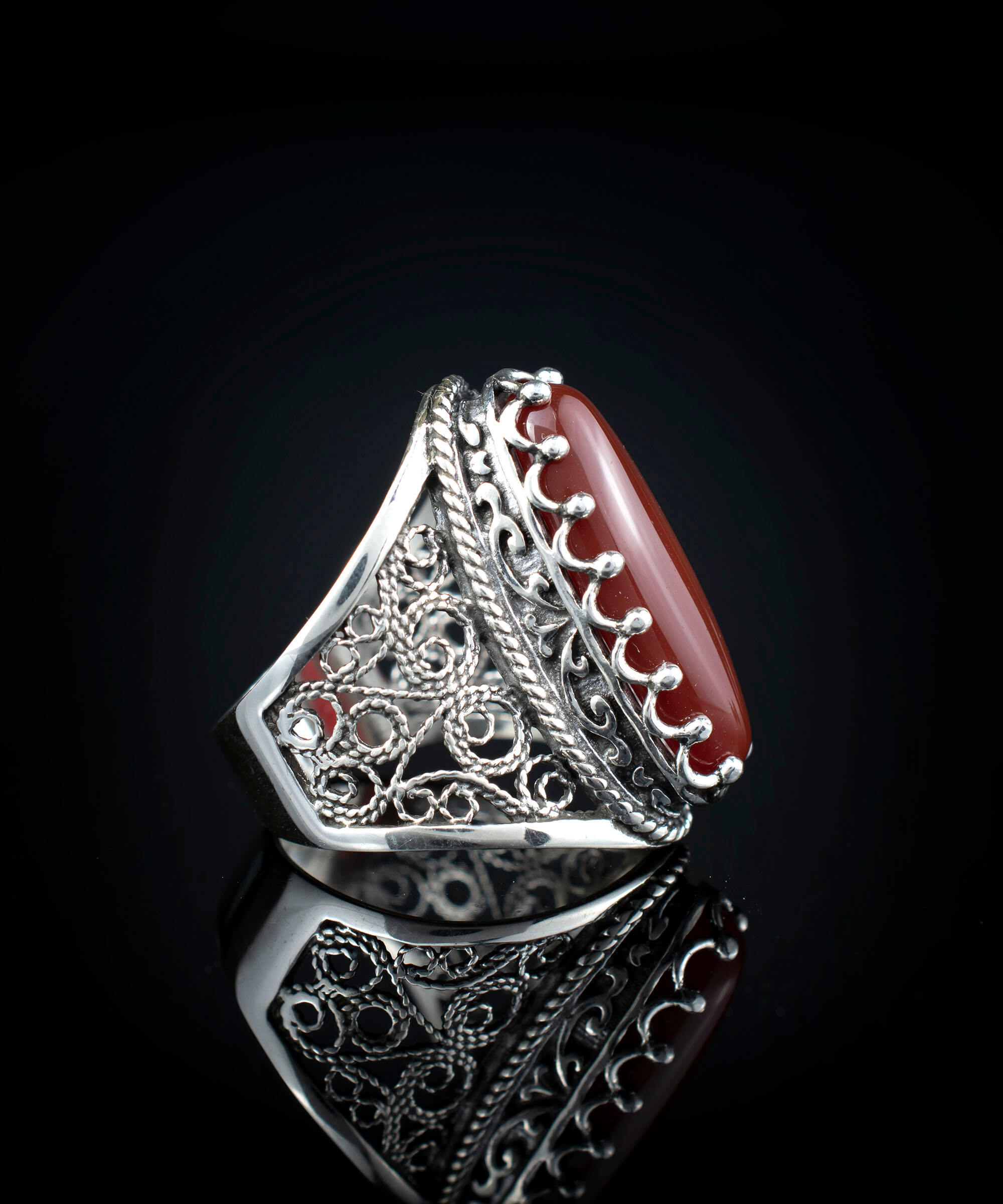 Filigree Art Carnelian Gemstone Women Silver Long Statement Ring