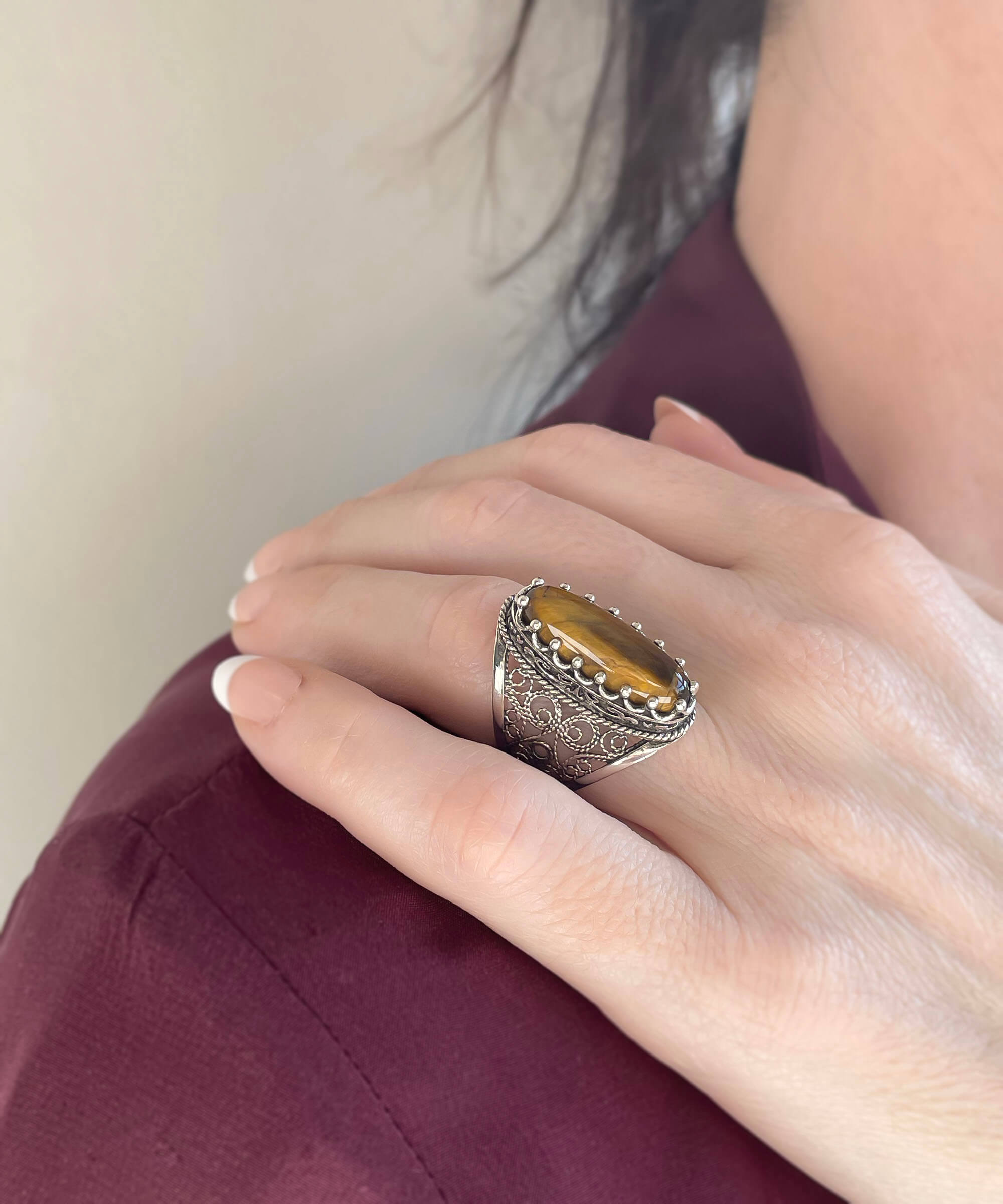 Filigree Art Tiger Eye Gemstone Women Silver Long Statement Ring