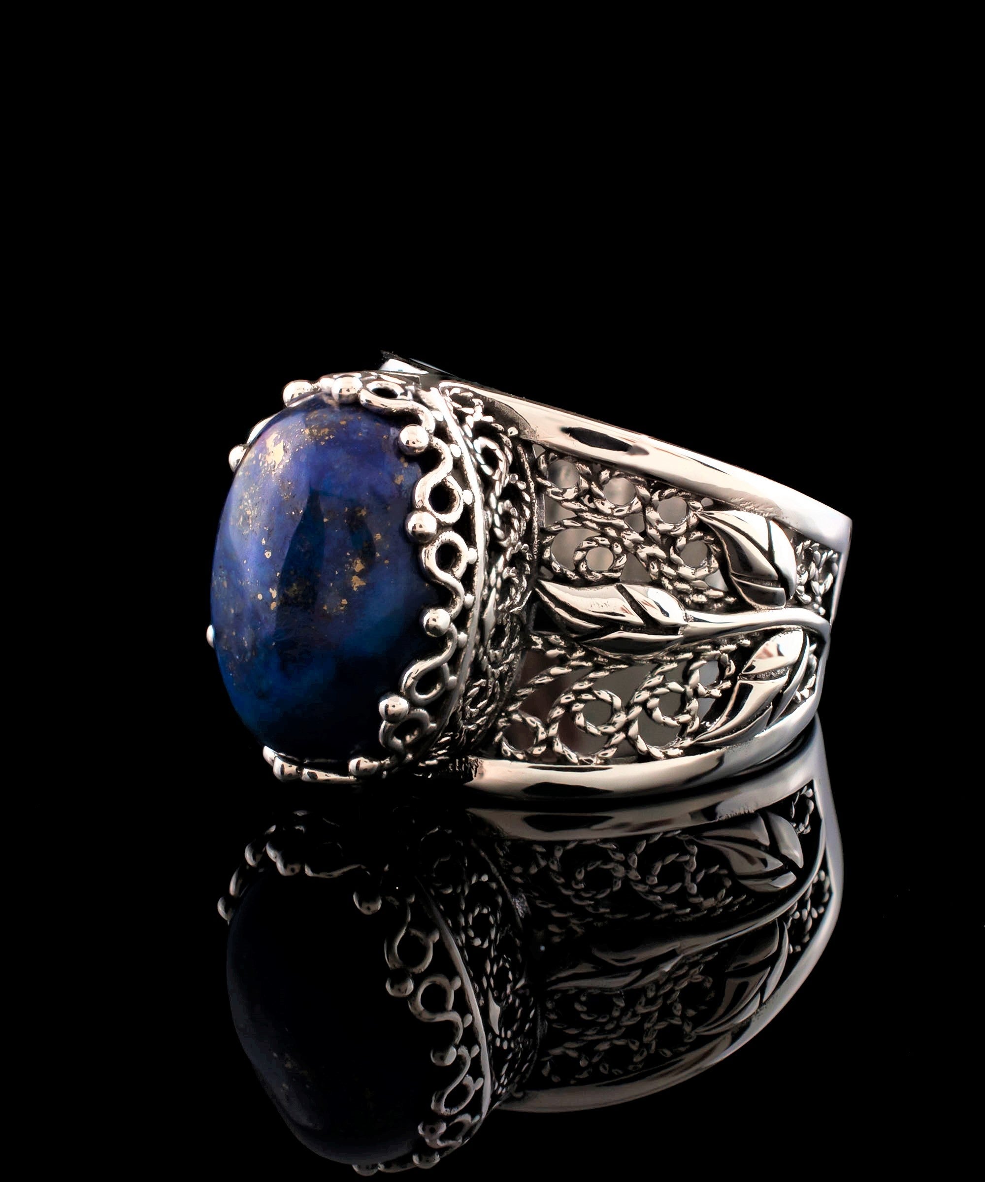 Filigree Art Lapis Lazuli Gemstone Tulip Detailed Silver Women