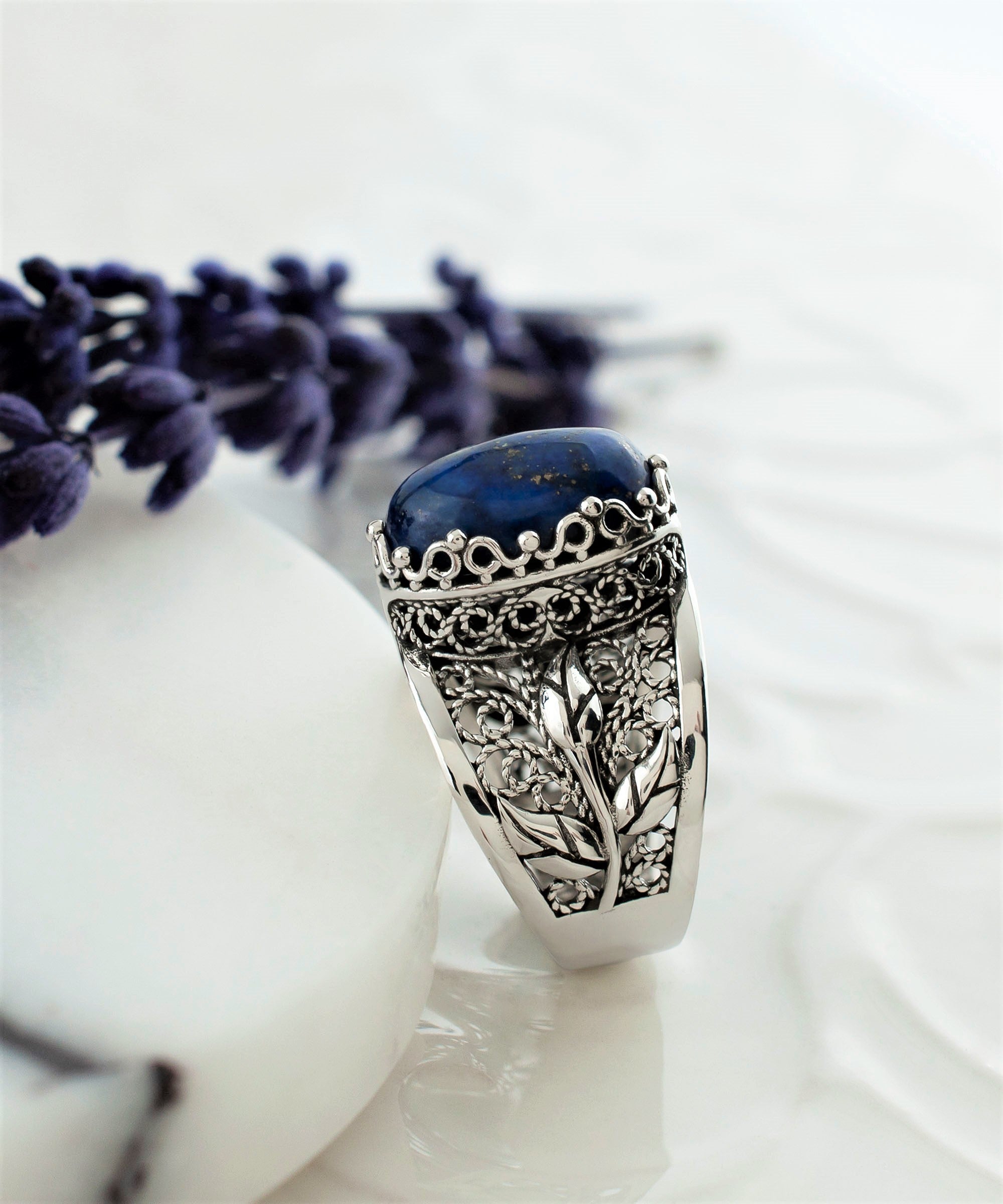 Filigree Art Lapis Lazuli Gemstone Tulip Detailed Silver Women