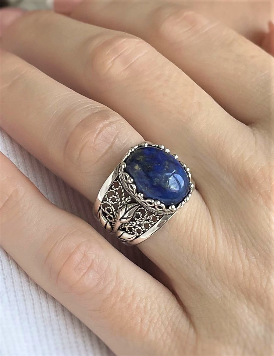 Filigree Art Lapis Lazuli Gemstone Tulip Detailed Silver Women