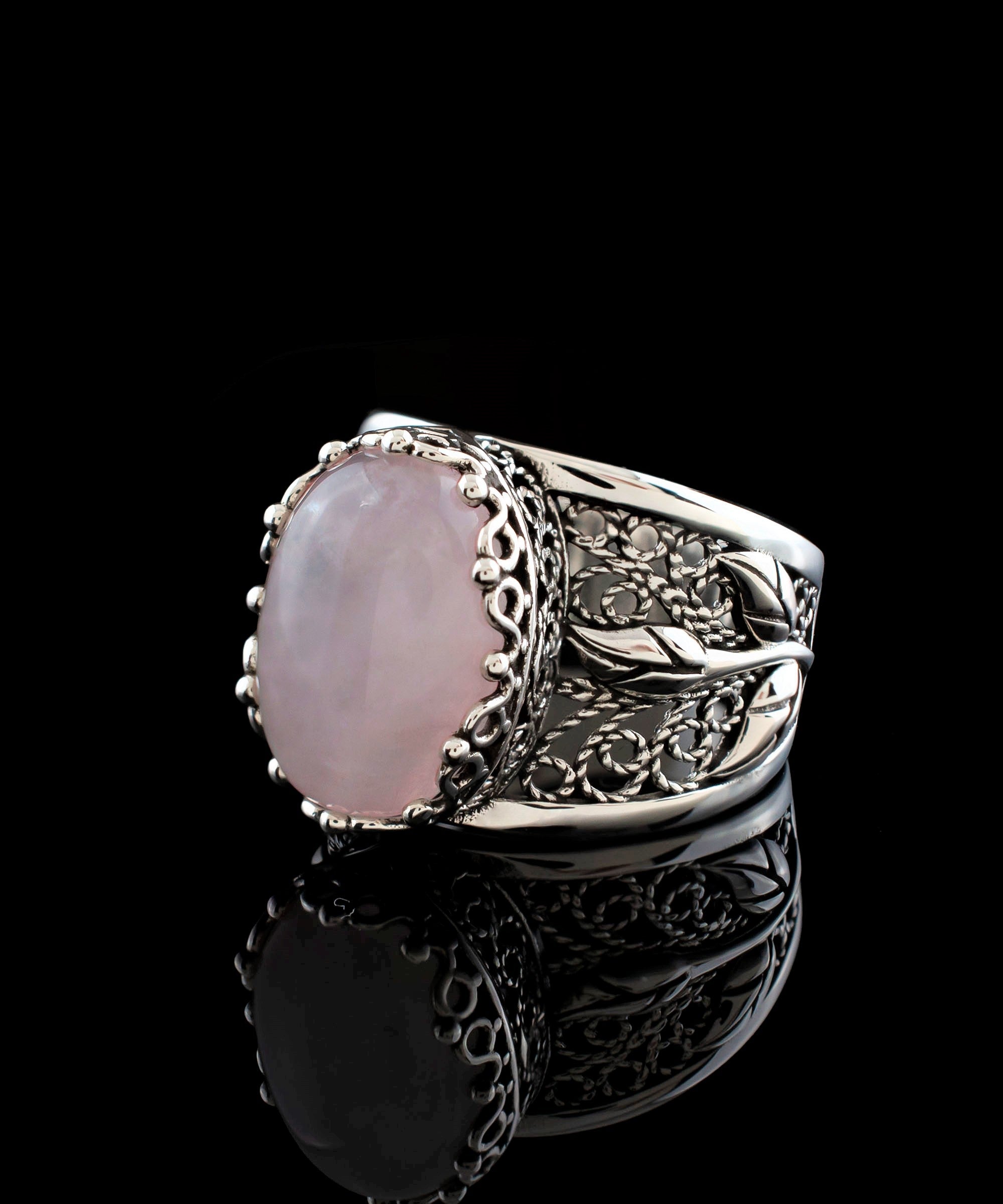 Filigree Art Rose Quartz Gemstone Tulip Detailed Silver Women