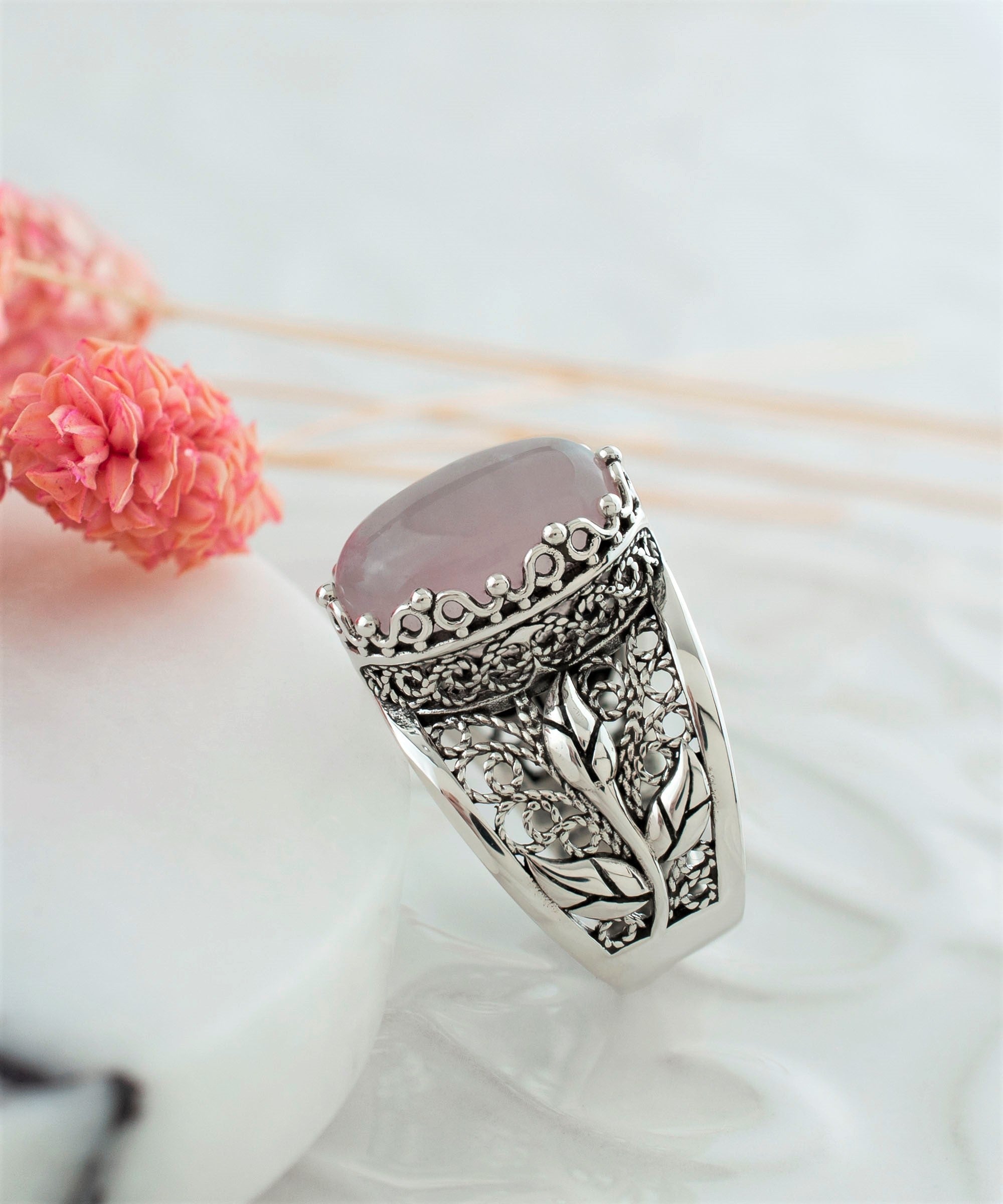 Filigree Art Rose Quartz Gemstone Tulip Detailed Silver Women