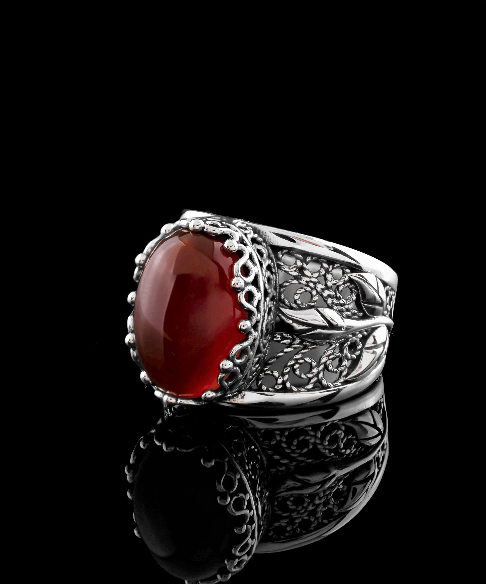 Filigree Art Carnelian Gemstone Tulip Detailed Silver Women Statement