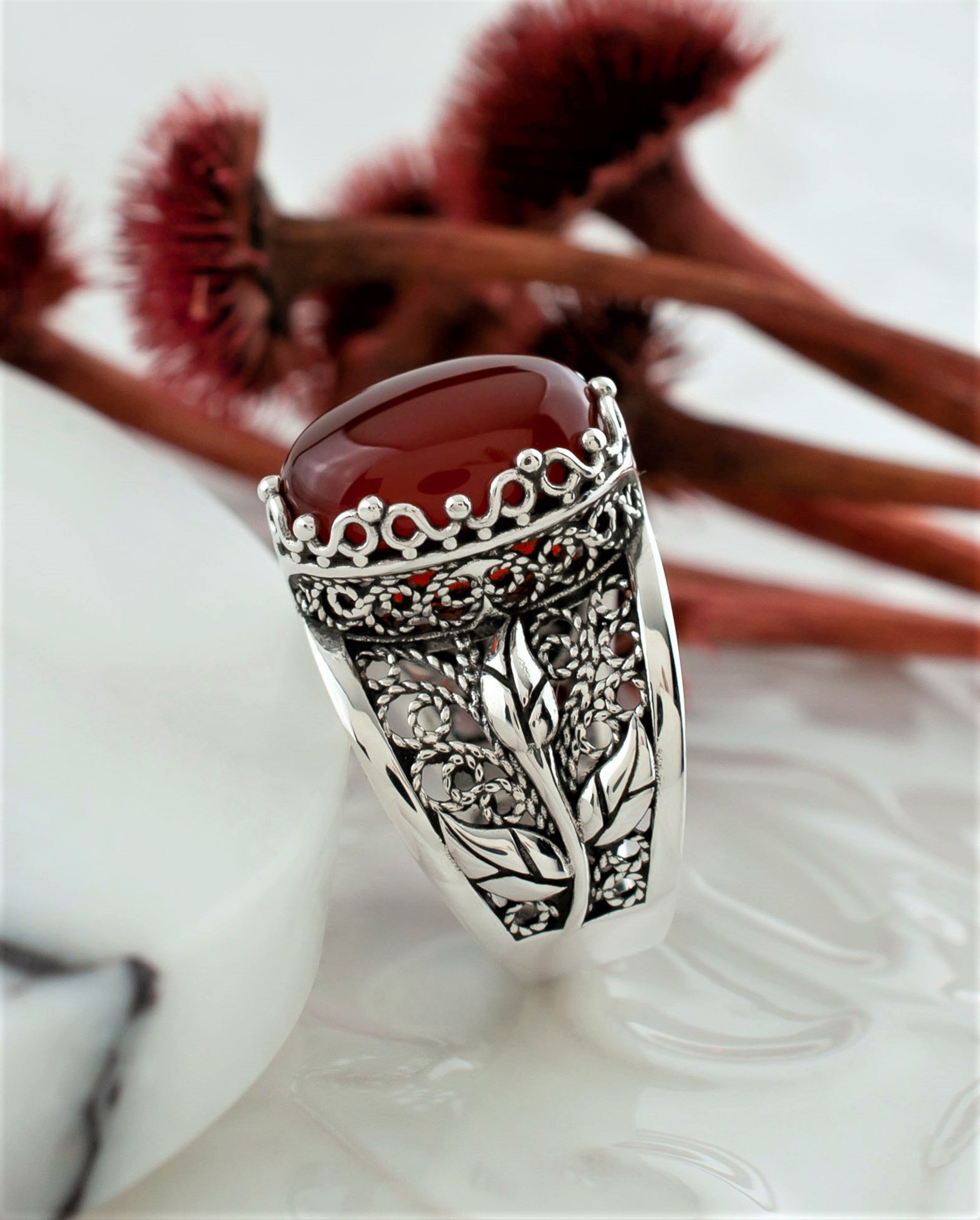 Filigree Art Carnelian Gemstone Tulip Detailed Silver Women Statement