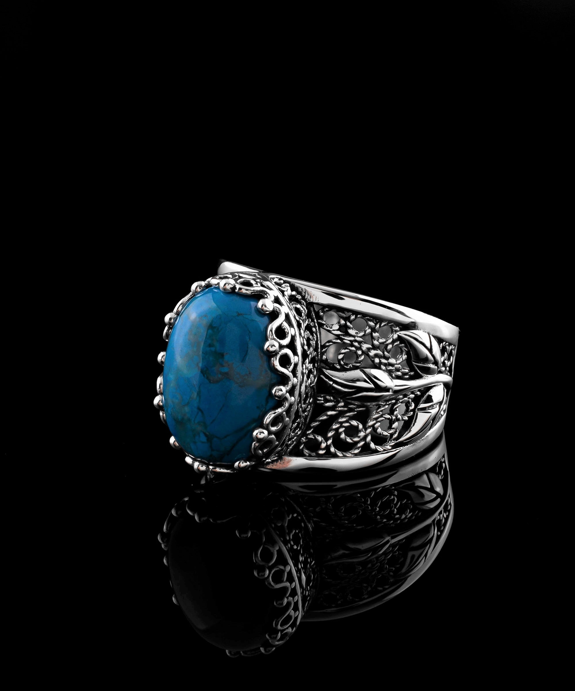 Filigree Art Turquoise Gemstone Tulip Detailed Silver Women Statement