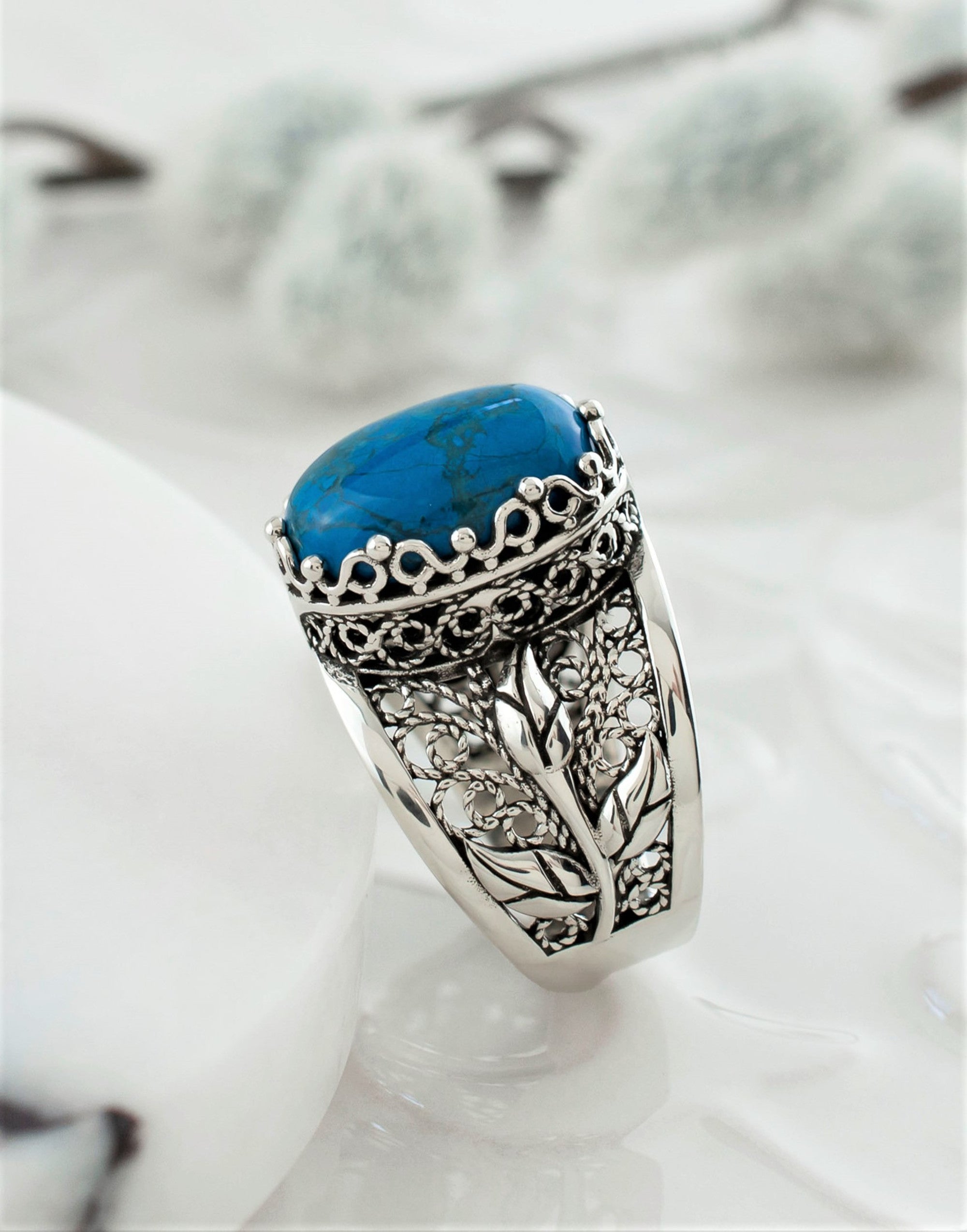 Filigree Art Turquoise Gemstone Tulip Detailed Silver Women Statement